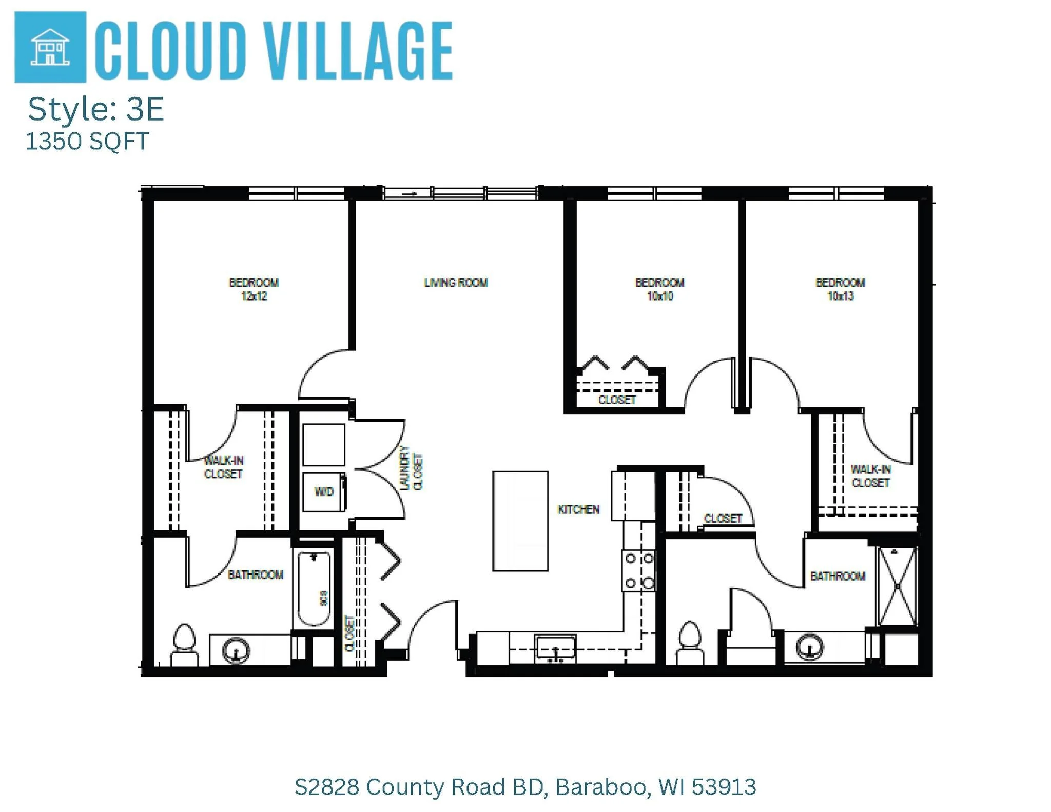 Floor plan for Cloud Village apartment at 2828 County Road BD, Baraboo, WI, showing three bedrooms, a living room, a kitchen, two bathrooms, and walk-in closets.