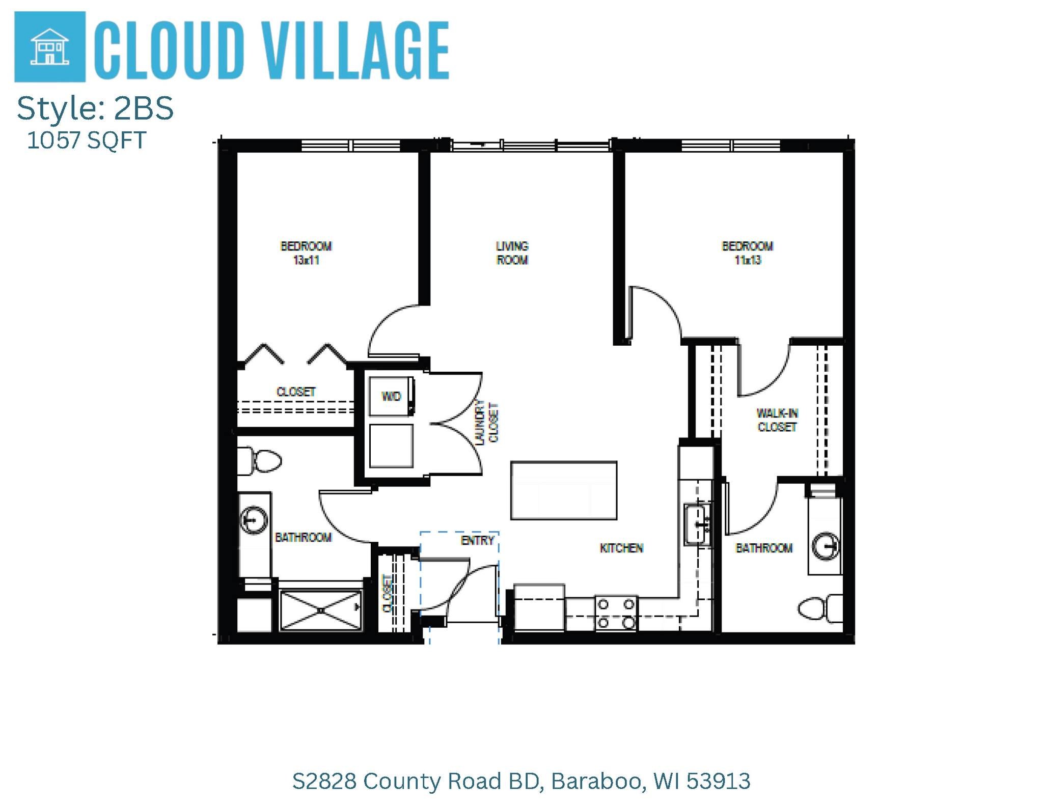 Floor plan of a two-bedroom apartment with a living room, kitchen, two bathrooms, closets, laundry area, and entry at the bottom.