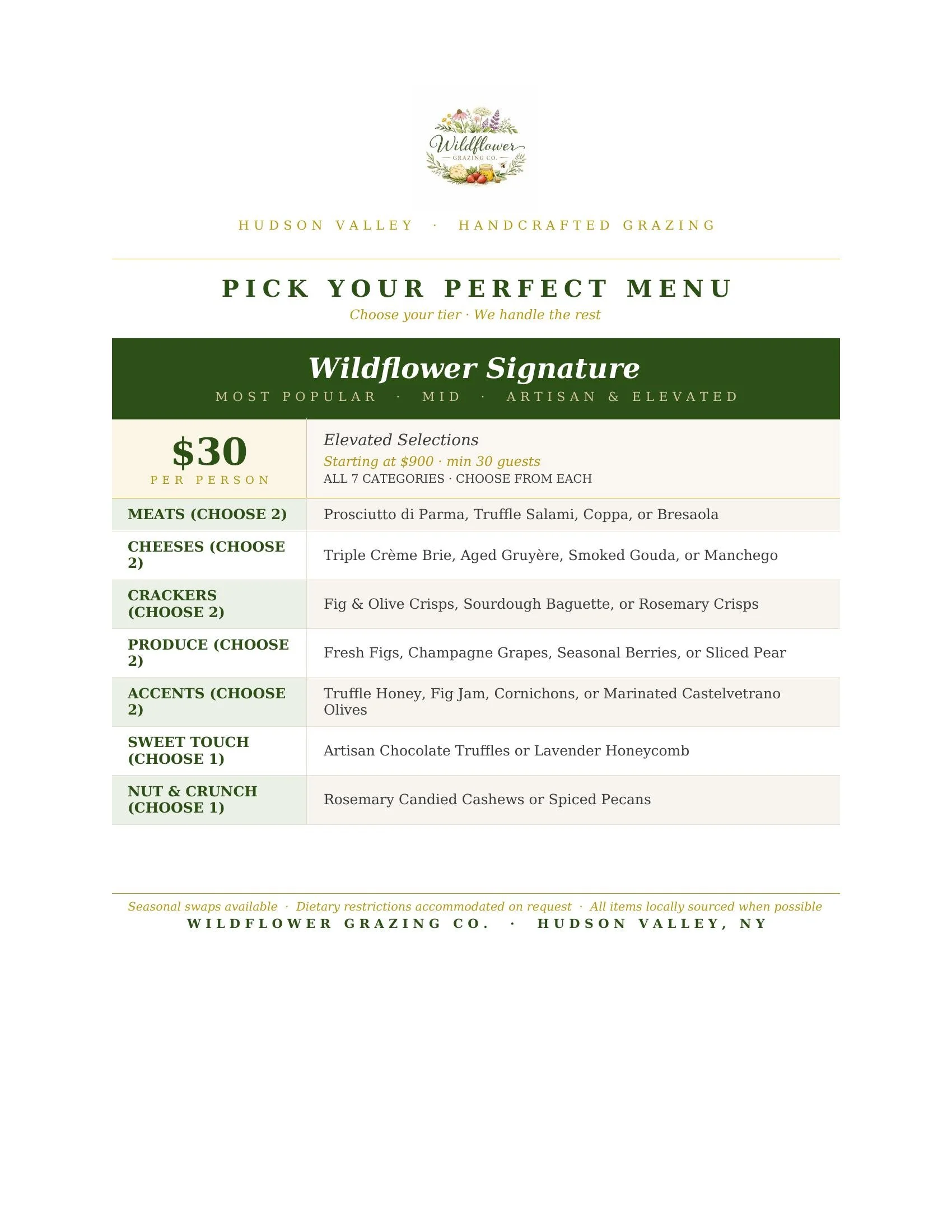 Menu offering elevated grazing selections with options for meats, cheeses, crackers, produce, accents, sweet touch, and nut & crunch, priced at $30 per person.