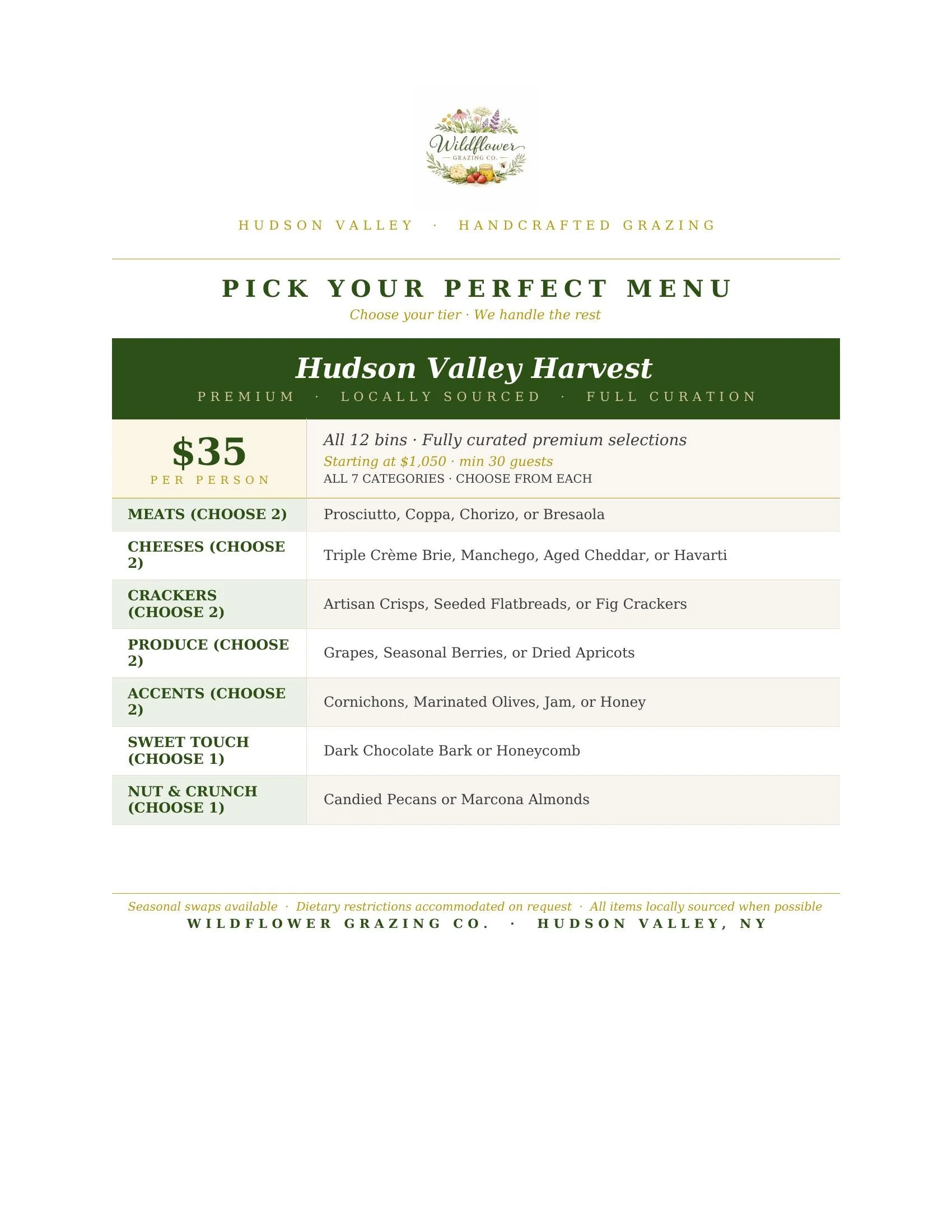 A menu for a catering service called Wildflower Grazing Co. offering Hudson Valley Harvest options. The menu lists various food categories including meats, cheeses, crackers, produce, accents, sweet touch, and nut & crunch, with choices for each. The price per person is $35, with details on options and customization.