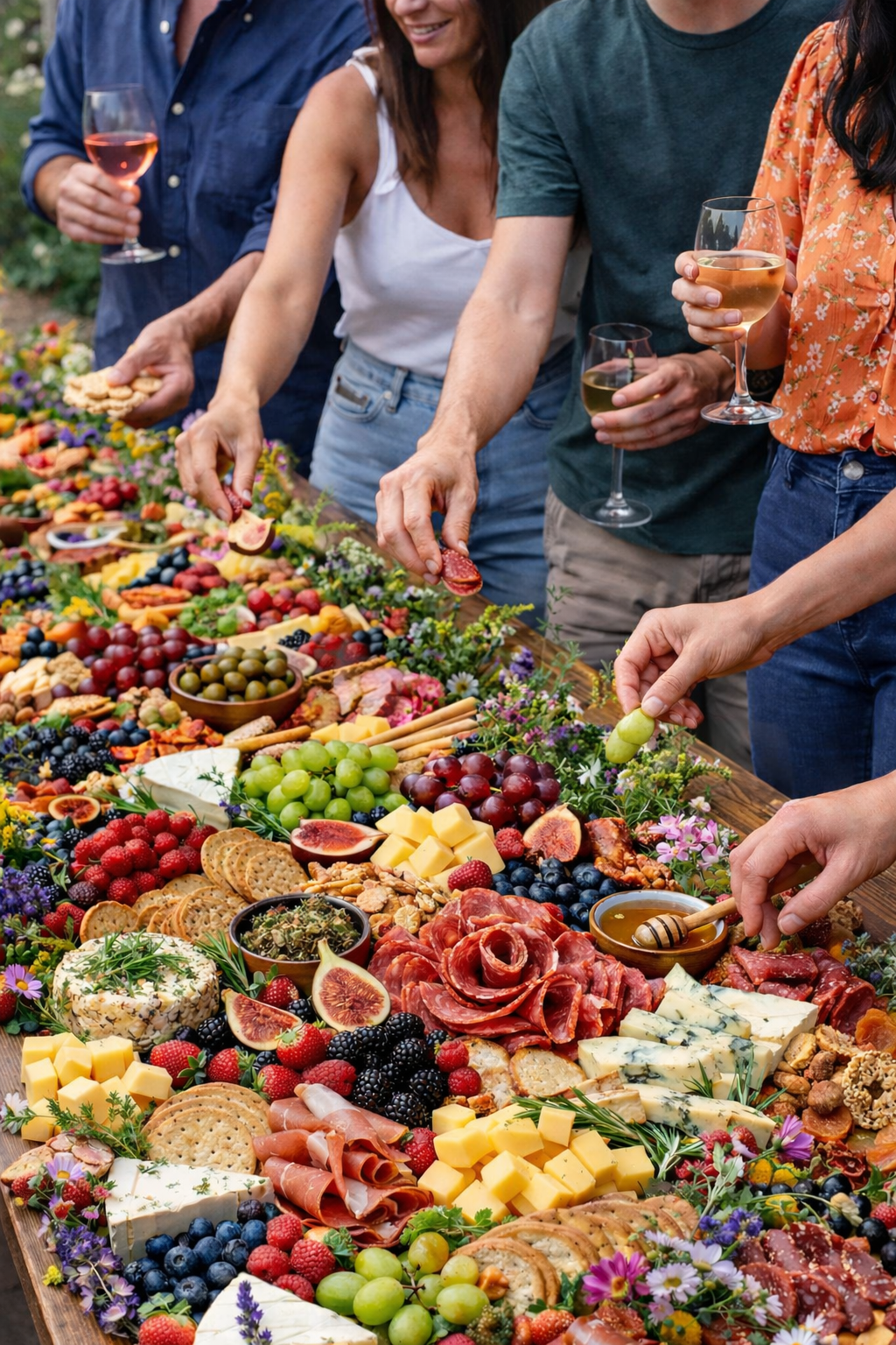 People enjoying a colorful charcuterie and fruit platter at an outdoor gathering, with glasses of wine.