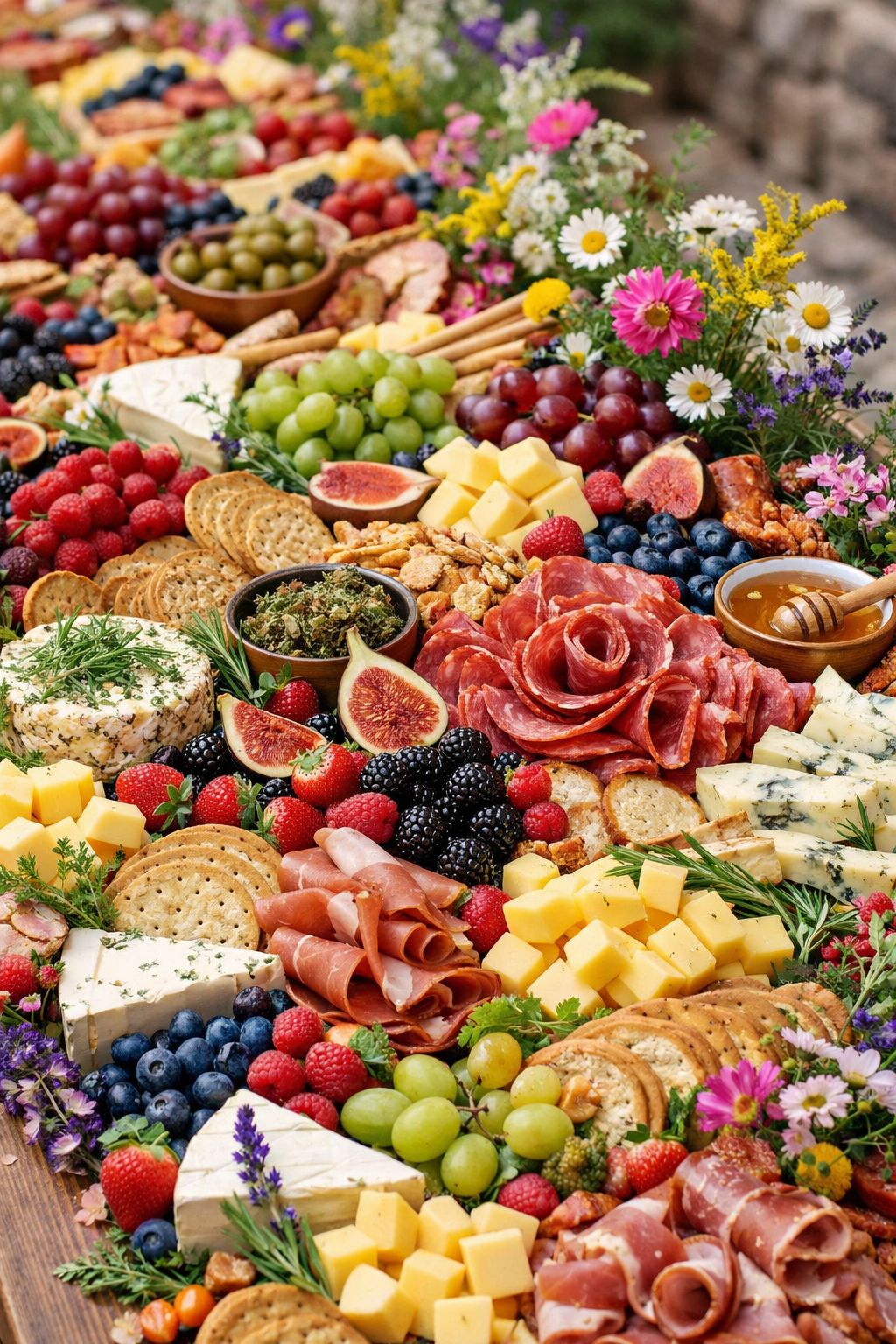 Assorted fruits, cheeses, crackers, cured meats, and flowers on a charcuterie board.