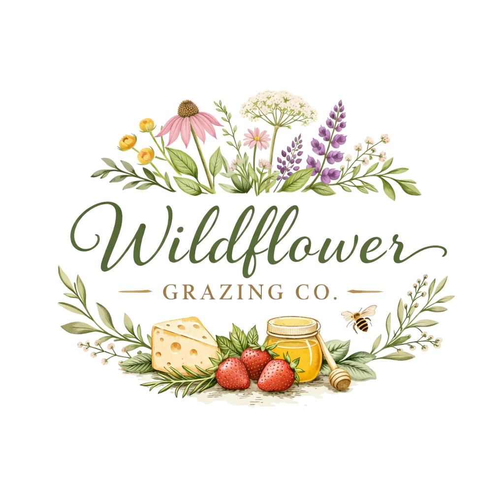 A decorative logo with an arrangement of wildflowers, cheese, strawberries, honey, and a honey dipper, with the text 'Wildflower Grazing Co.' in elegant script.