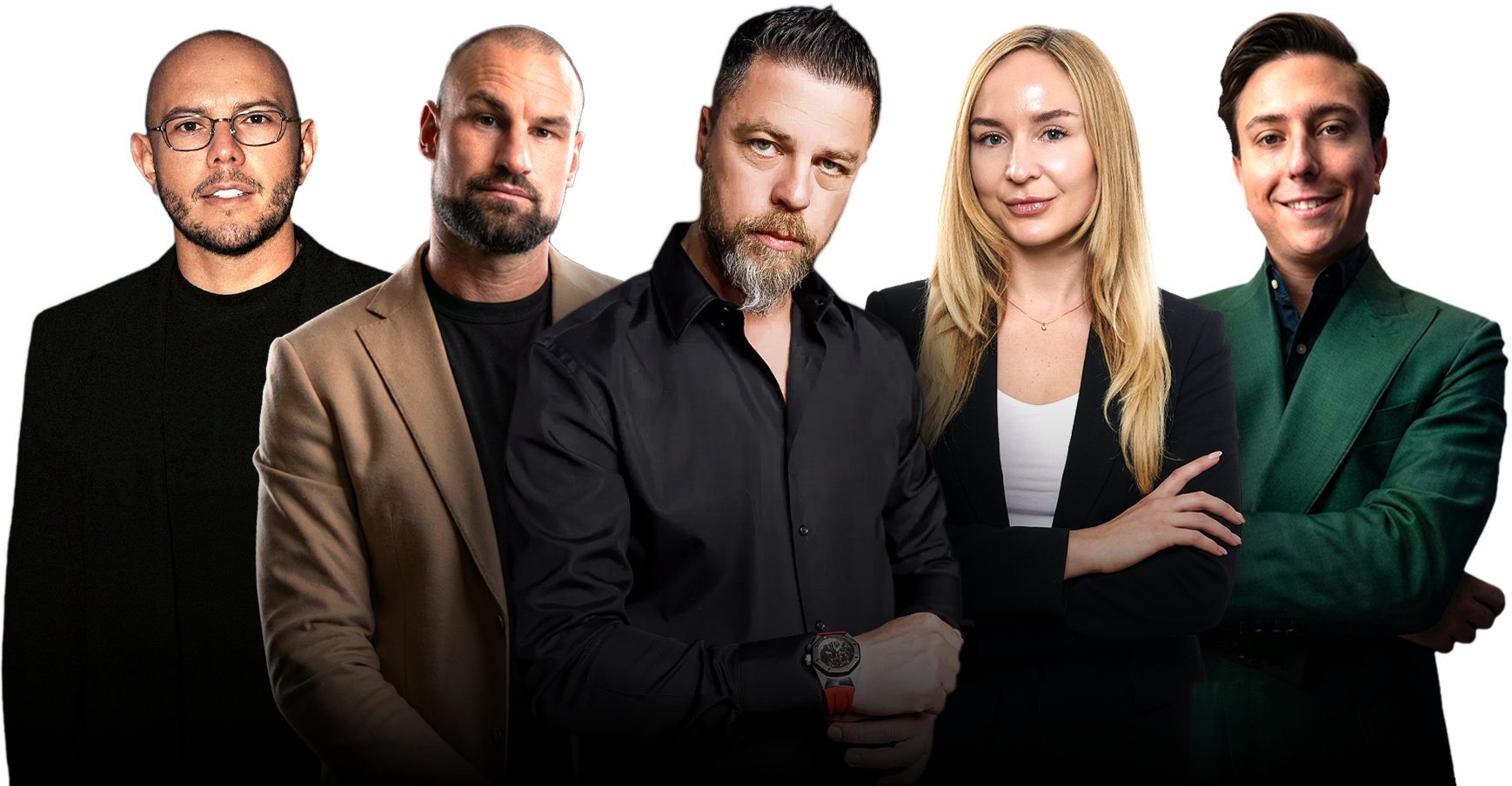The Five Unfiltered standing together and looking at the camera, with a black background. From left to right, Lex Borrero, Oscar Strong, Roman Sharf, Ella Kirby and Andrea Posa