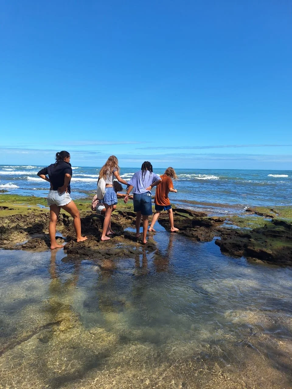 A group of five children, four girls and one boy, exploring tide pools on a rocky beach, with ocean waves and a clear blue sky in the background.