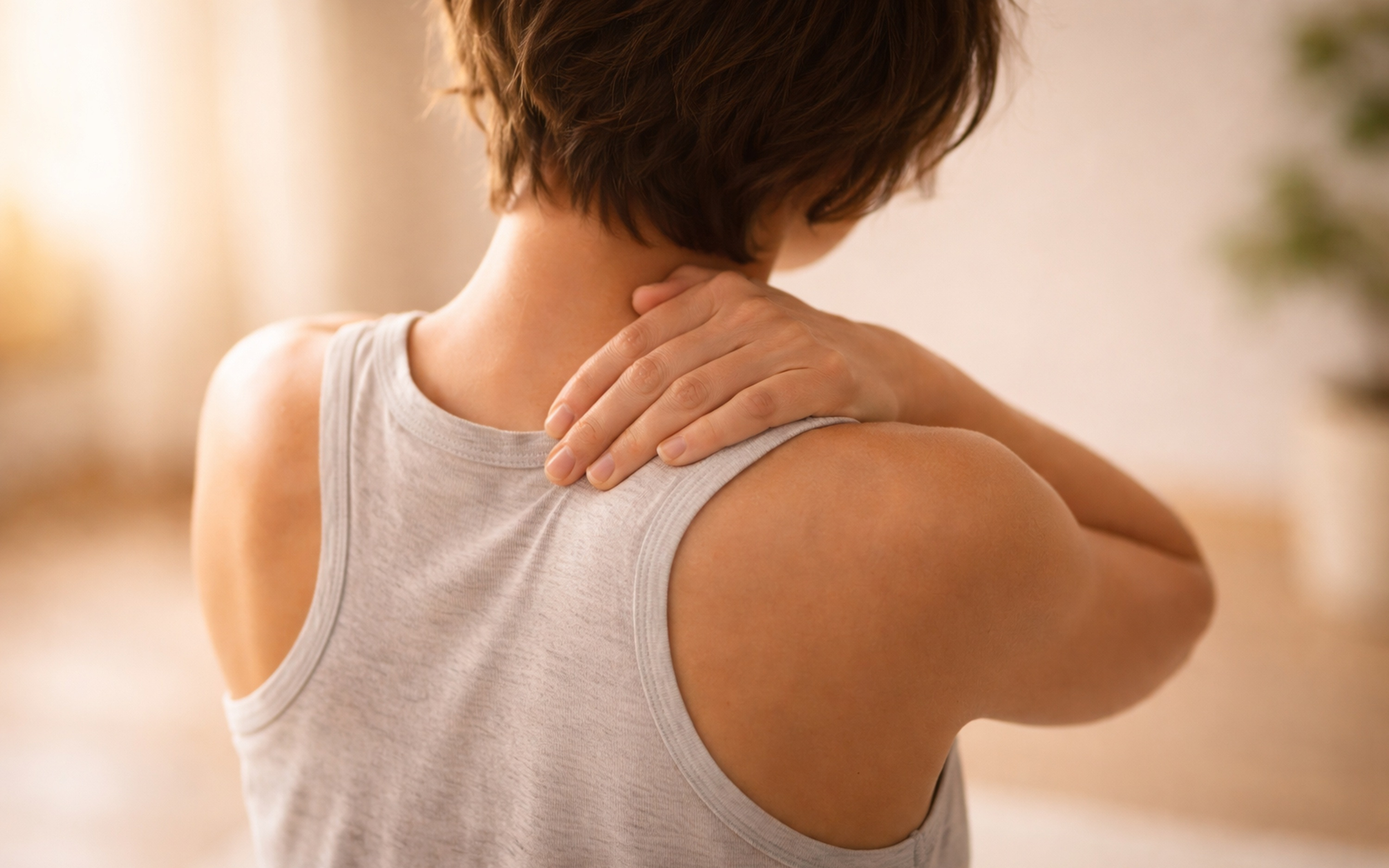 Woman grabbing her neck and back in pain