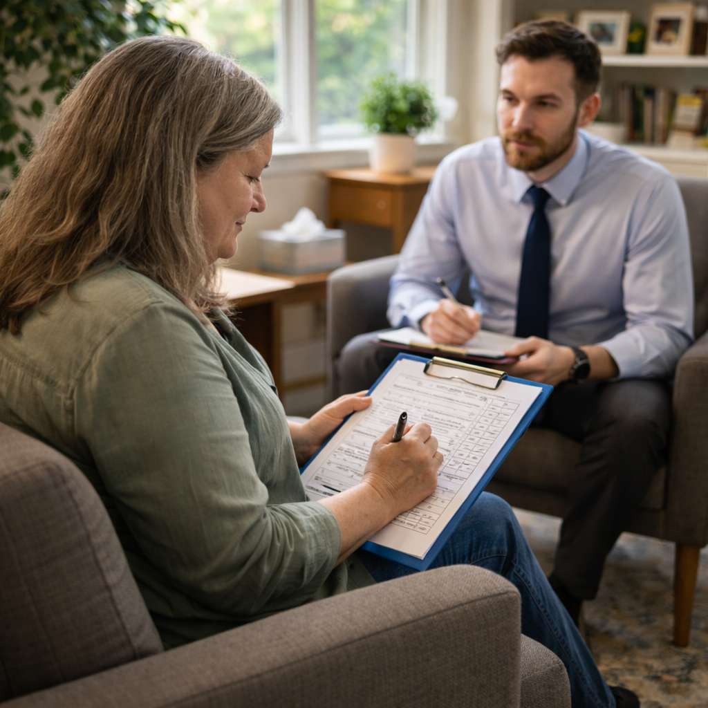 A woman sitting on a couch filling out a form on a clipboard, while a man sitting across from her takes notes.