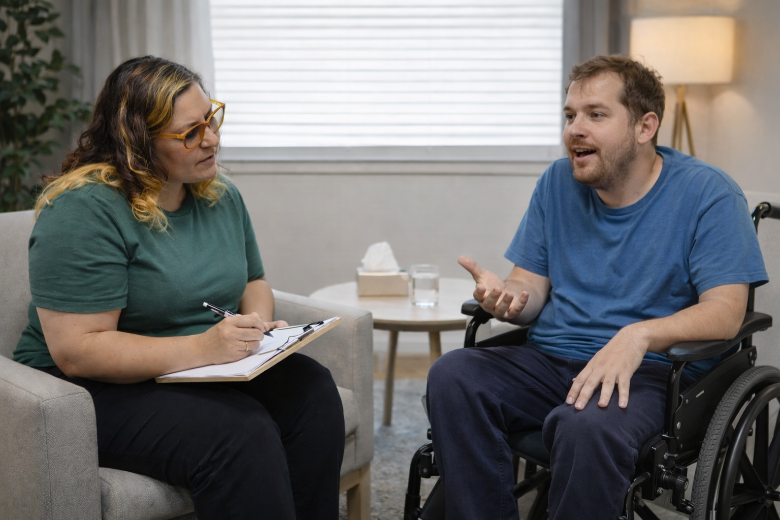 A woman with glasses taking notes and a man in a wheelchair engaged in conversation in a cozy, well-lit room.