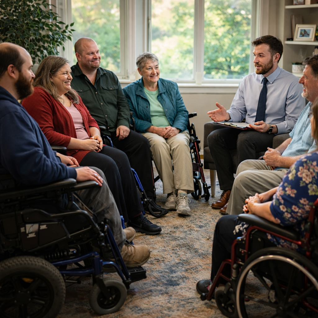 A group of people, including men and women of various ages, some in wheelchairs, sitting in a circle and talking with a young man in a business shirt and tie, who is holding a notepad, during a meeting or discussion in a well-lit room with large windows and greenery outside.