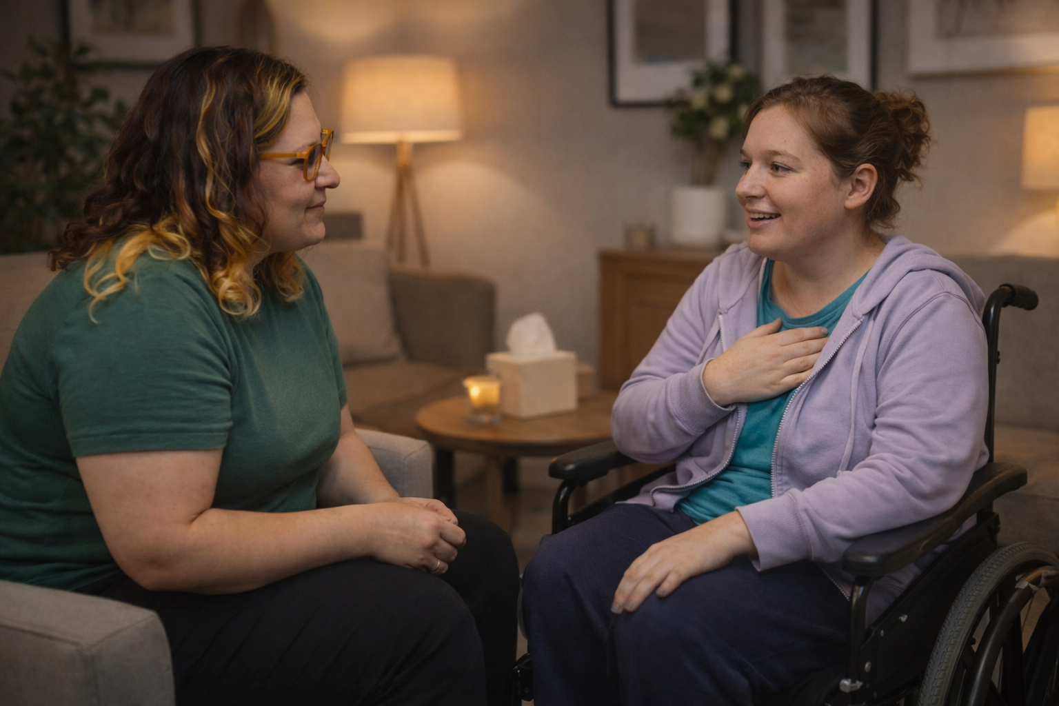 Two women having a heartfelt conversation in a cozy living room, one sitting on the couch and the other in a wheelchair, with warm lighting and decorative items in the background.