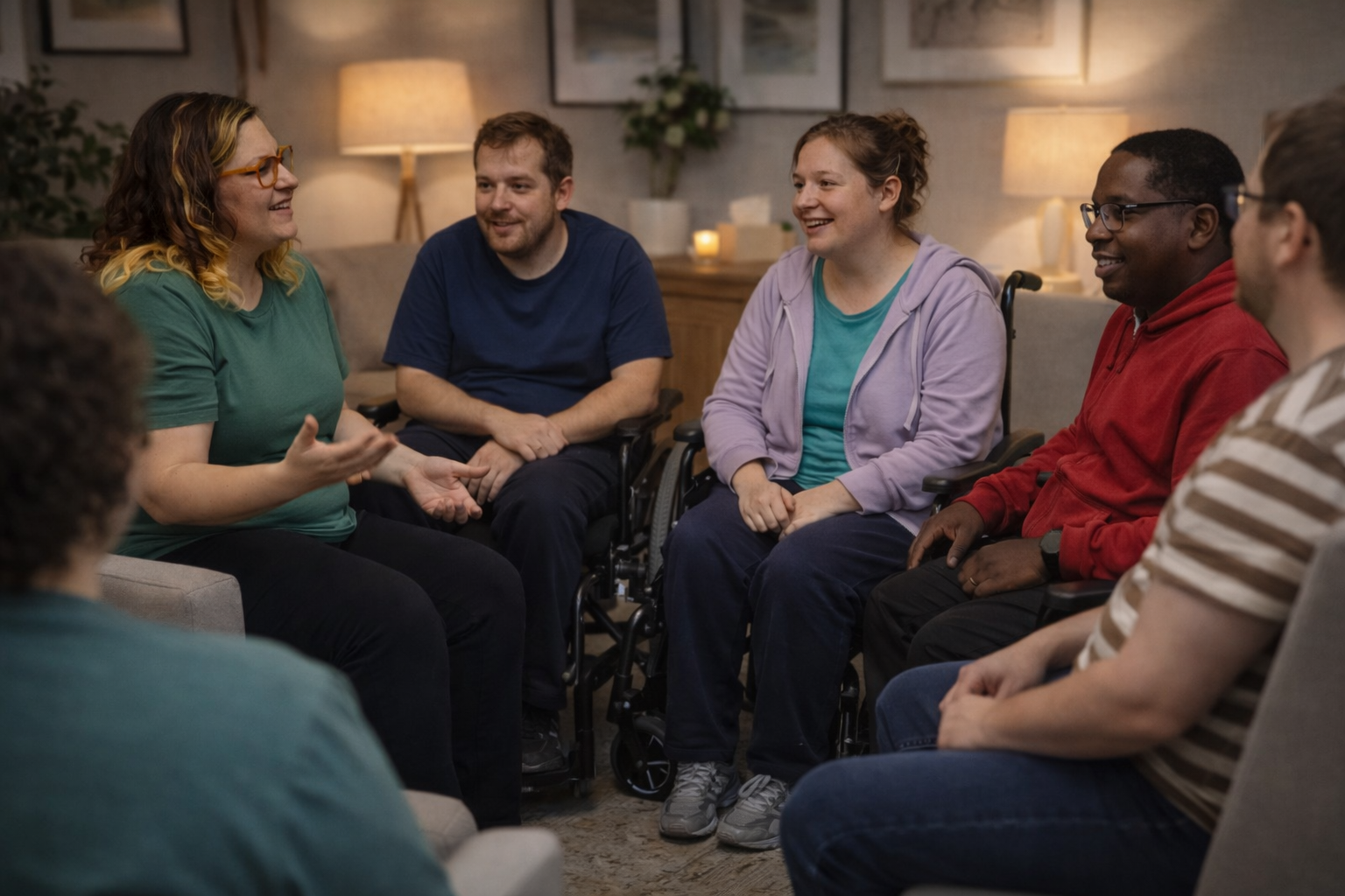 A diverse group of people in a support group session, engaged in conversation in a cozy living room setting.