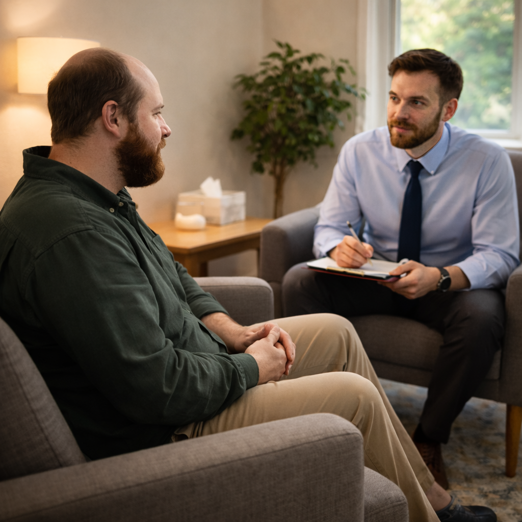 A man in a dark green shirt and tan pants talking to a man in a light blue shirt and dark tie, who is taking notes, in a therapy office with a window and a potted plant in the background.