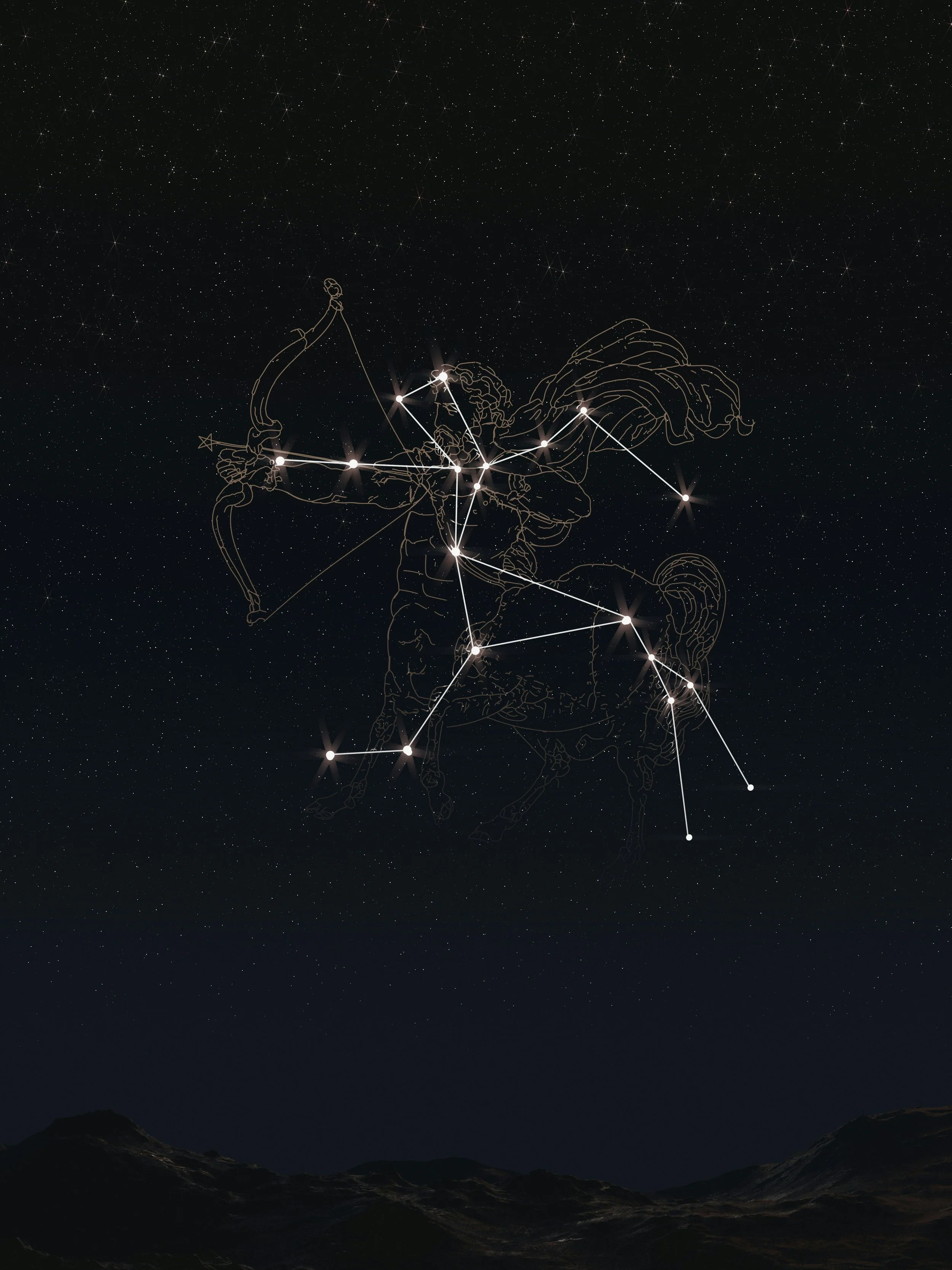Archer constellation illustrated in gold lines against a starry night sky