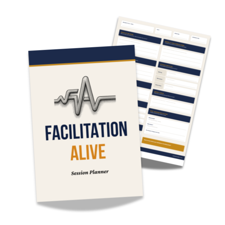 A conference session planner titled "Facilitation Alive" with a stylized heart monitor line icon on the cover, and two pages of planning forms visible behind it.
