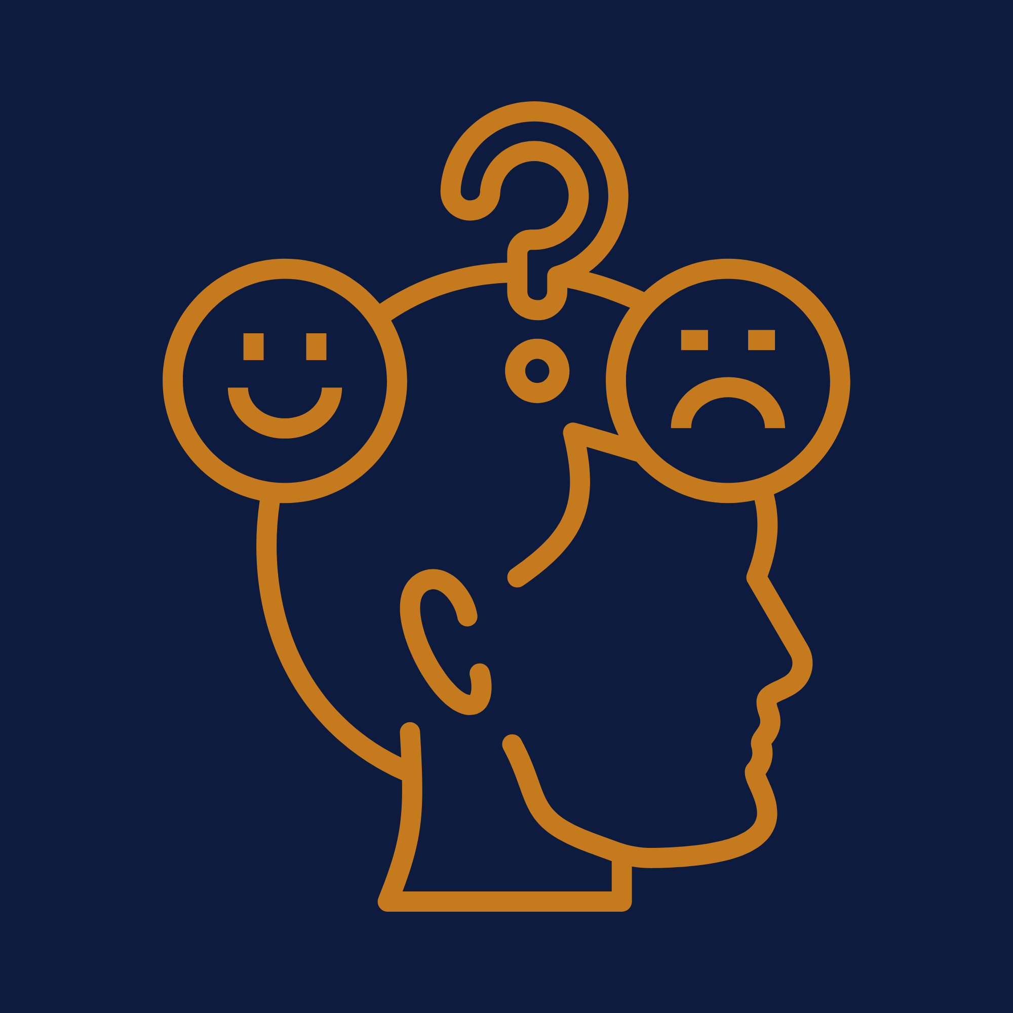Outline drawing of a person's head with a question mark above it, connected to a happy face and a sad face, representing mixed emotions or decision-making.