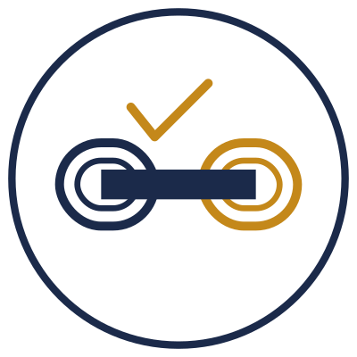  two chain links locked together with a gold tick above