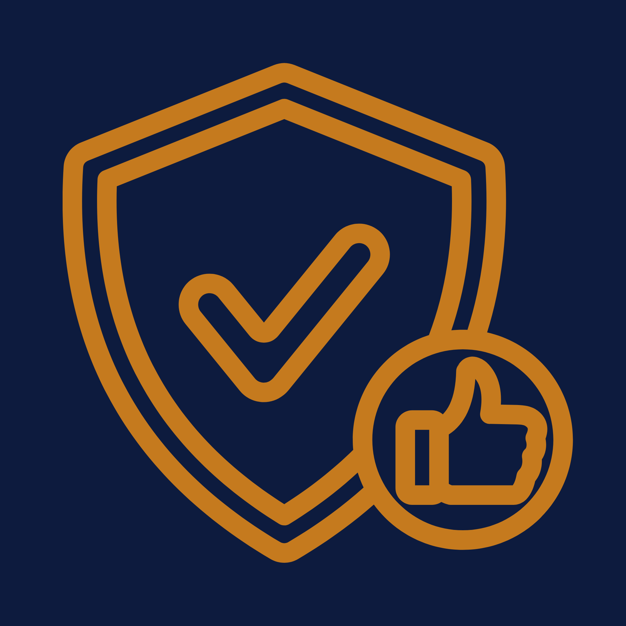 A safety shield icon with a checkmark inside, accompanied by a thumbs-up symbol, both in brown on a dark blue background.