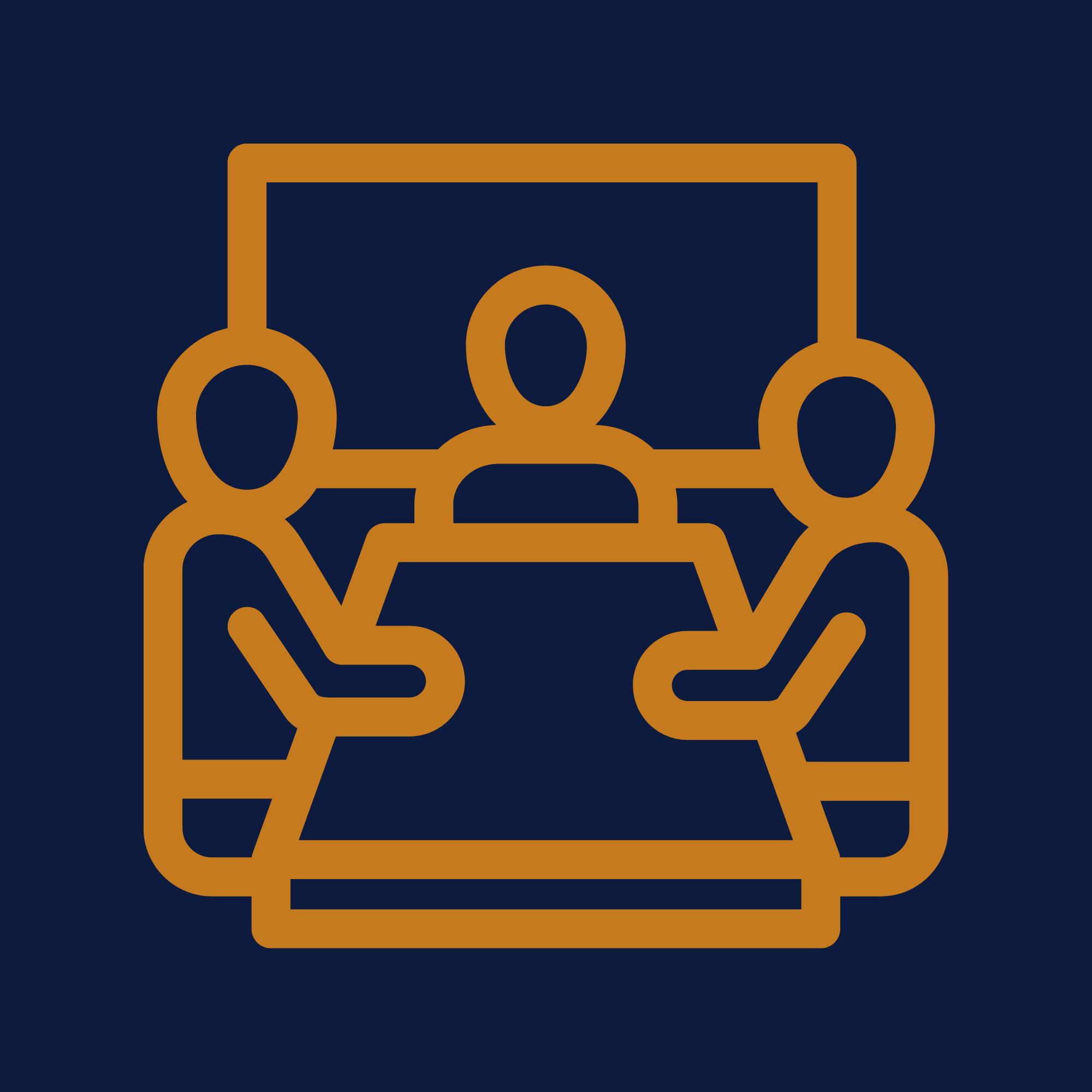 Line drawing of three people sitting around a table in front of a presentation screen.