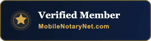 Verified member badge with a gold star on a dark blue background, featuring the text 'Verified Member' and 'MobileNotaryNet.com' in gold.