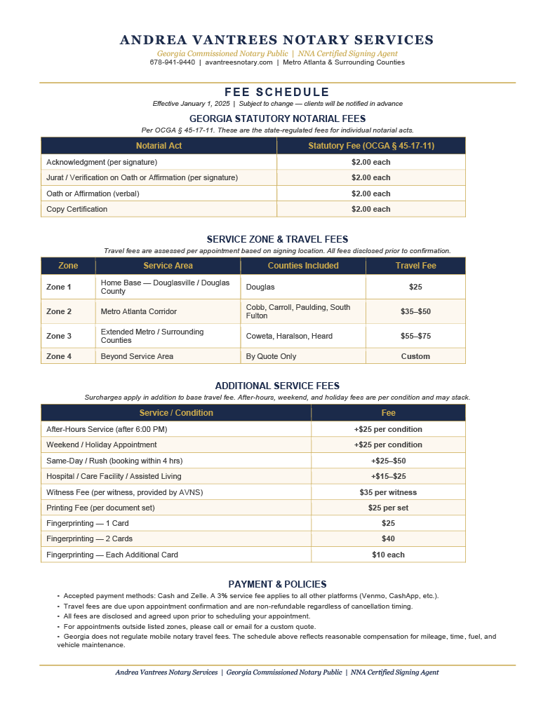 Notary service fee schedule and travel fees for Andrea Vantrees Notary Services in Georgia, listing notarization and travel zones, additional service fees, and payment policies.
