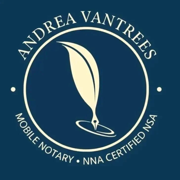 Logo with the name Andrea Vantrees, featuring a fountain pen inside a circle, with the text Mobile Notary and NNA Certified NSA around the circle.