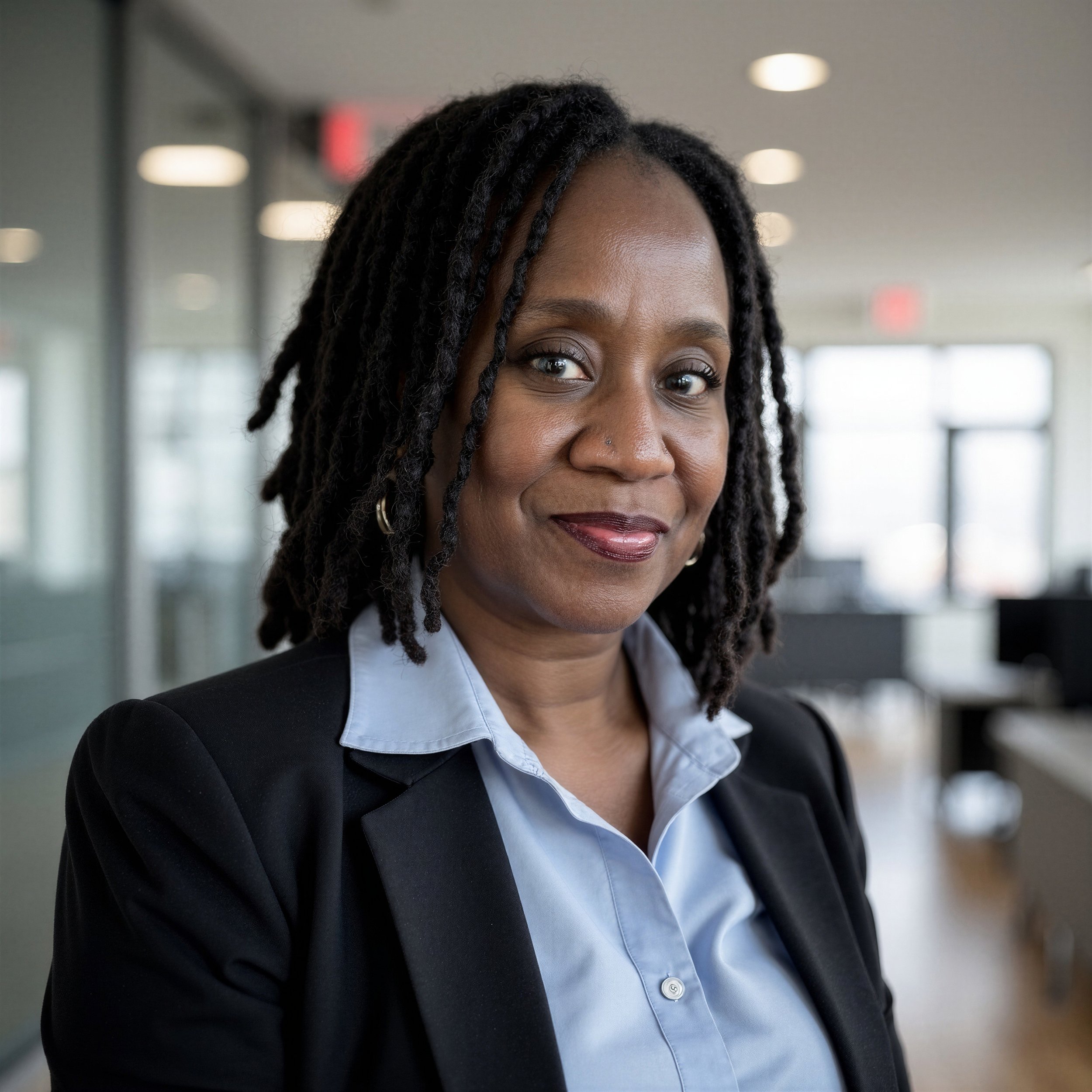 Close-up of a woman with braided hair, wearing a black blazer and a light blue shirt, smiling confidently in an office or professional setting.