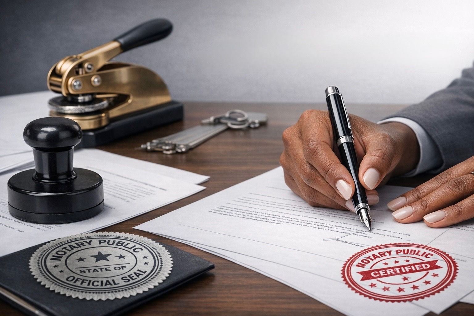 A person in a gray suit signing legal documents at a wooden desk, with a notary public official seal, a rubber stamp, a notary seal stamp, and office tools like a rubber stamp, scissors, and a ruler on the desk.