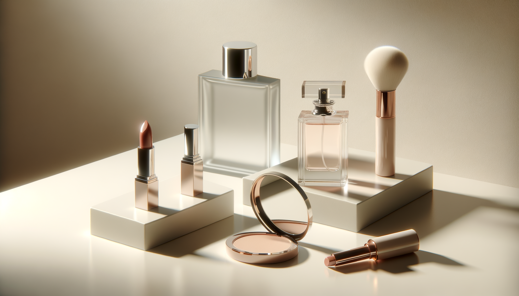 Beauty products including lipstick, perfume bottles, a compact mirror, and a makeup brush on a white surface with soft lighting.