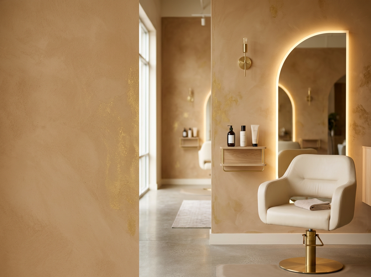 Modern salon with a white salon chair, a mirror with backlight, a round wall sconce, and a small shelf with hair products, in a warm beige-toned interior.
