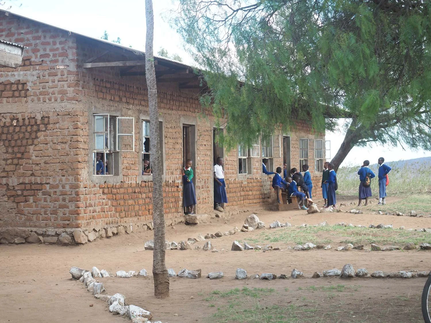 Students in blue uniforms outside a brick school building with open windows, some students sitting on a brick ledge, others standing or walking, and a few looking out windows, with a large tree and open landscape in the background.