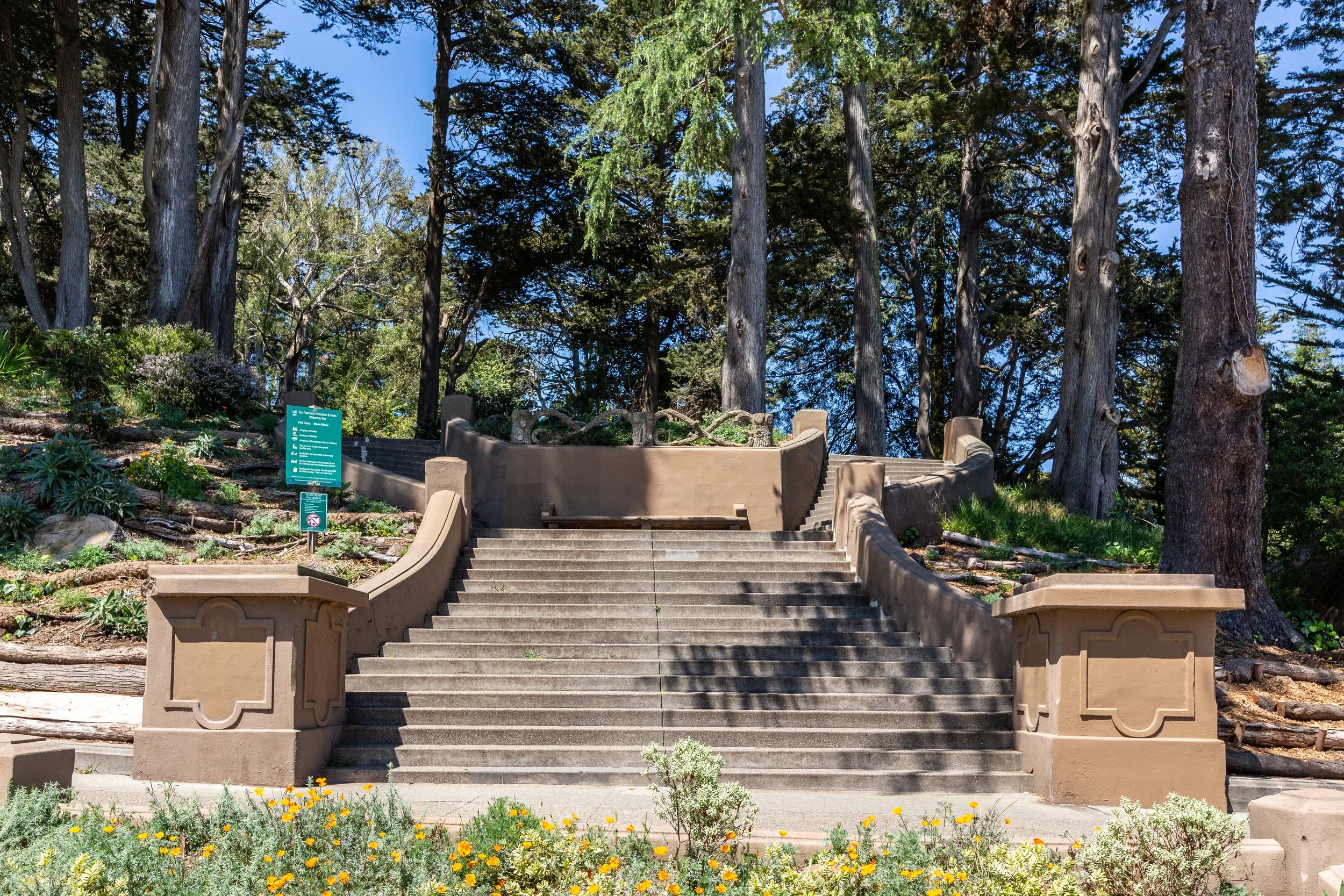 A wide concrete staircase leading up a hill, flanked by low walls, in a park surrounded by trees and flowering plants.