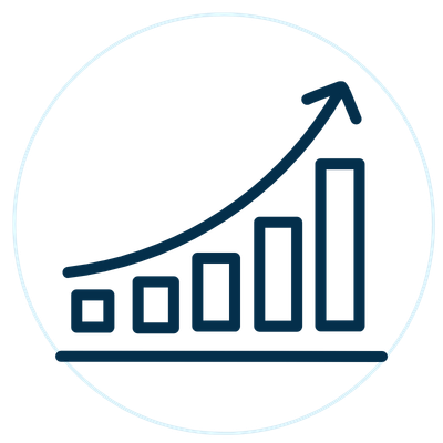 Line graph showing upward growth with a rising arrow and increasing bar heights.
