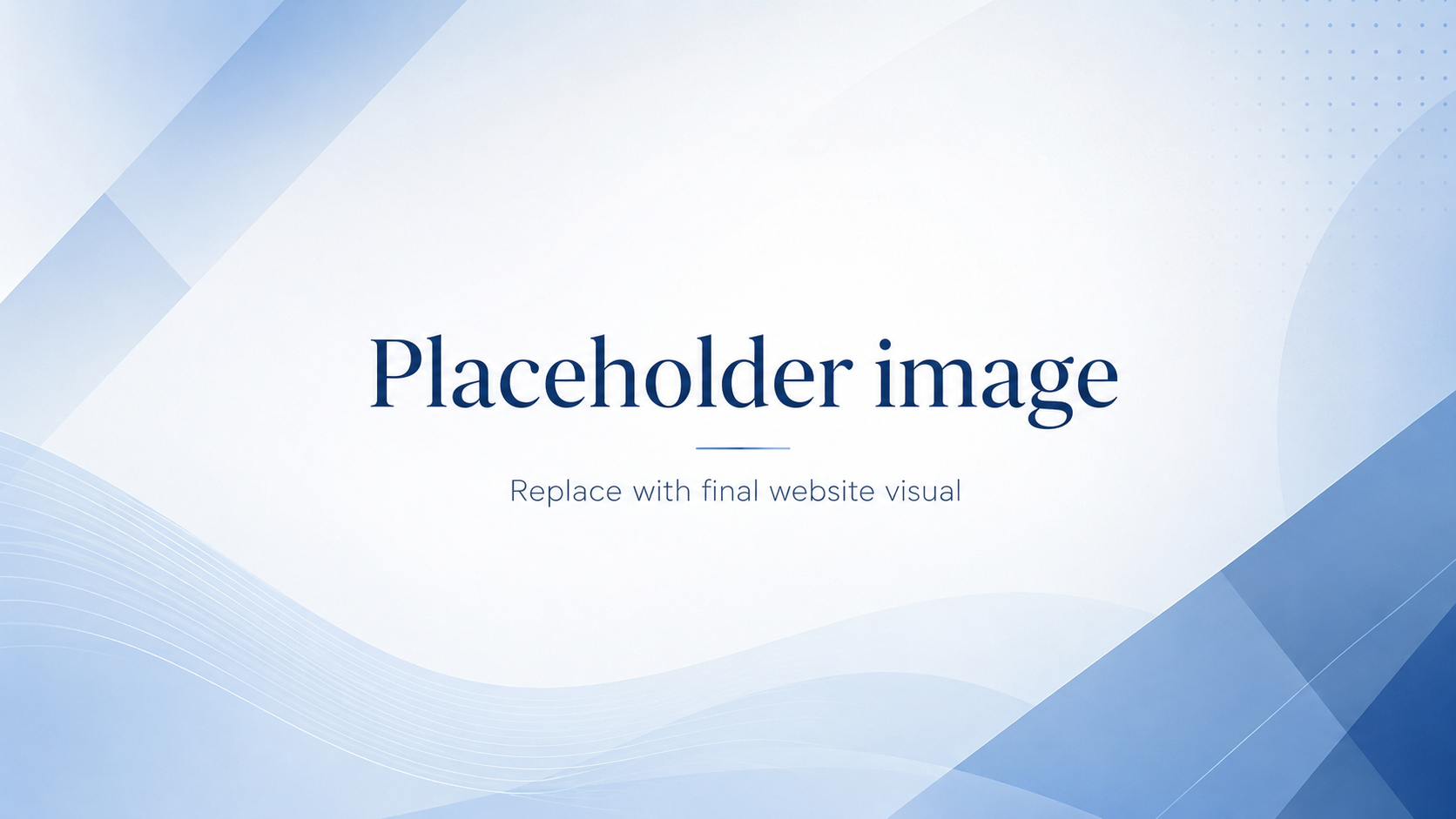 A slide with a blue and white abstract background and the text 'Placeholder image, Replace with final website visual' in the center.