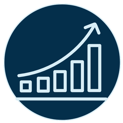 A white upward-trending arrow above a bar graph on a dark blue background.