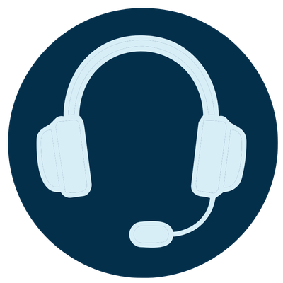 Illustration of a light blue headsets with microphone on a dark blue circular background.