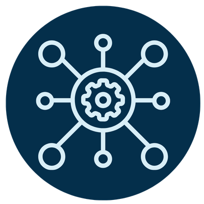 A network diagram with a central gear surrounded by interconnected circles on a dark blue background.