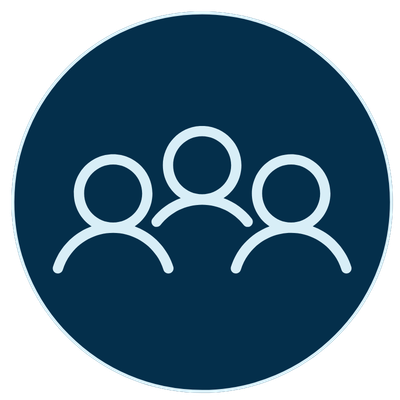 Icon of three people on a dark blue background.