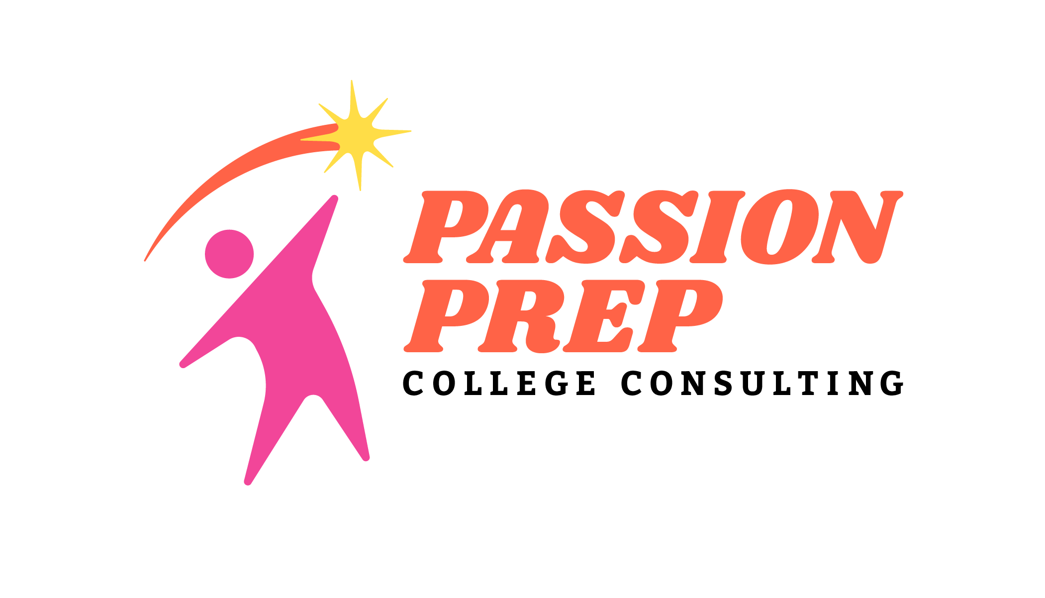 College consulting logo with the words 'Passion Prep' in orange and 'College Consulting' in black, featuring a pink stylized human figure reaching for a yellow star.