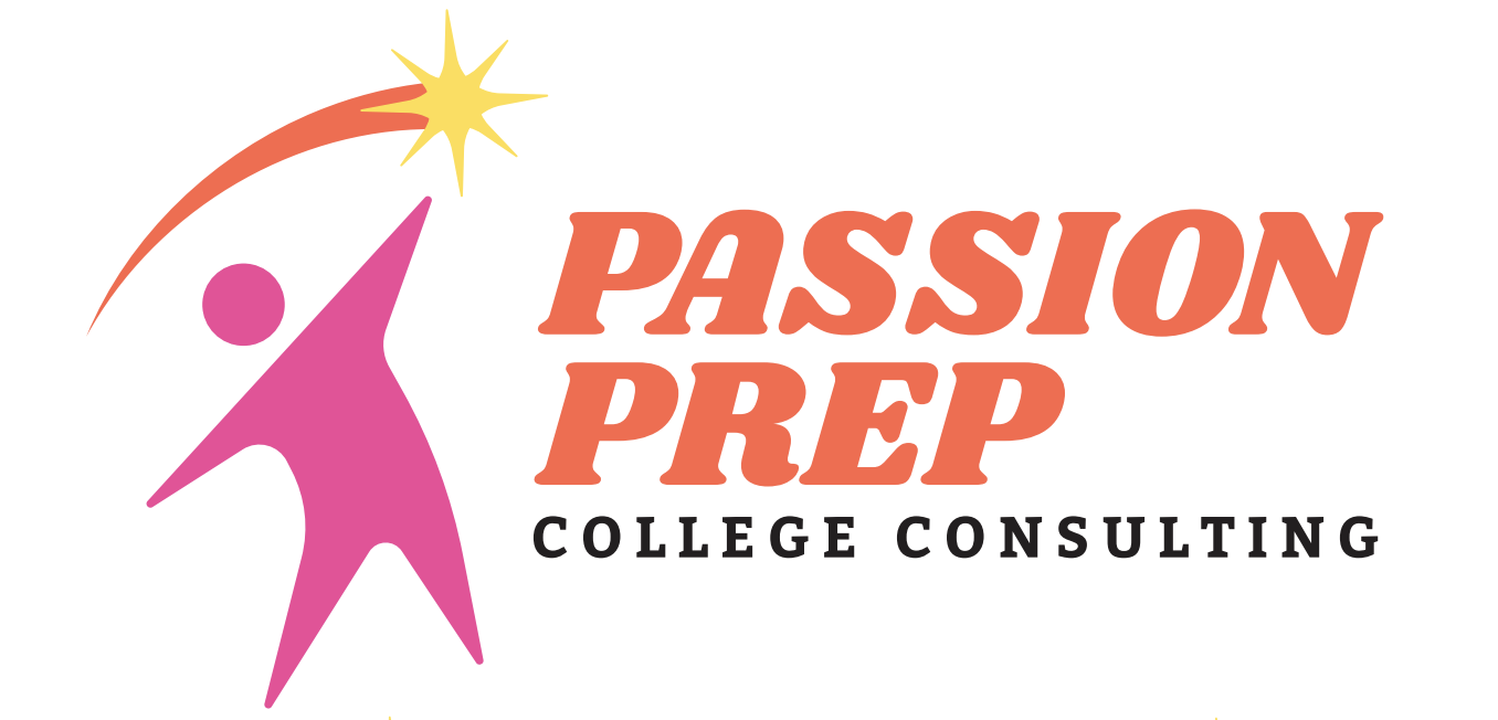 Logo for Passion Prep College Consulting, featuring a pink figure reaching for a yellow star with an orange trail, and the text "Passion Prep College Consulting" in orange and black.