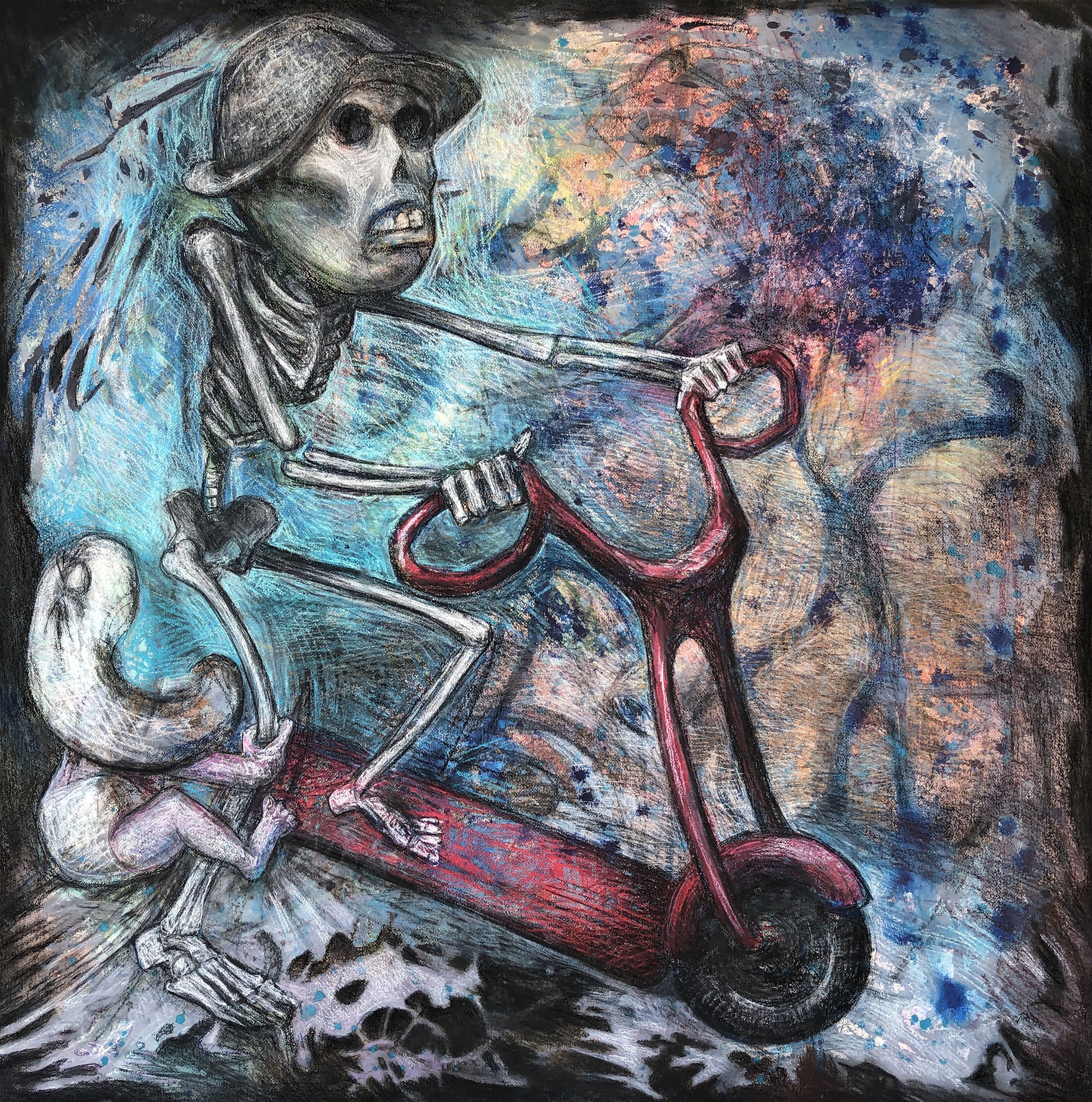 "Speeding Back to the Comfort of Hell" 2020 42" x 42" Mixed media on paper $3000