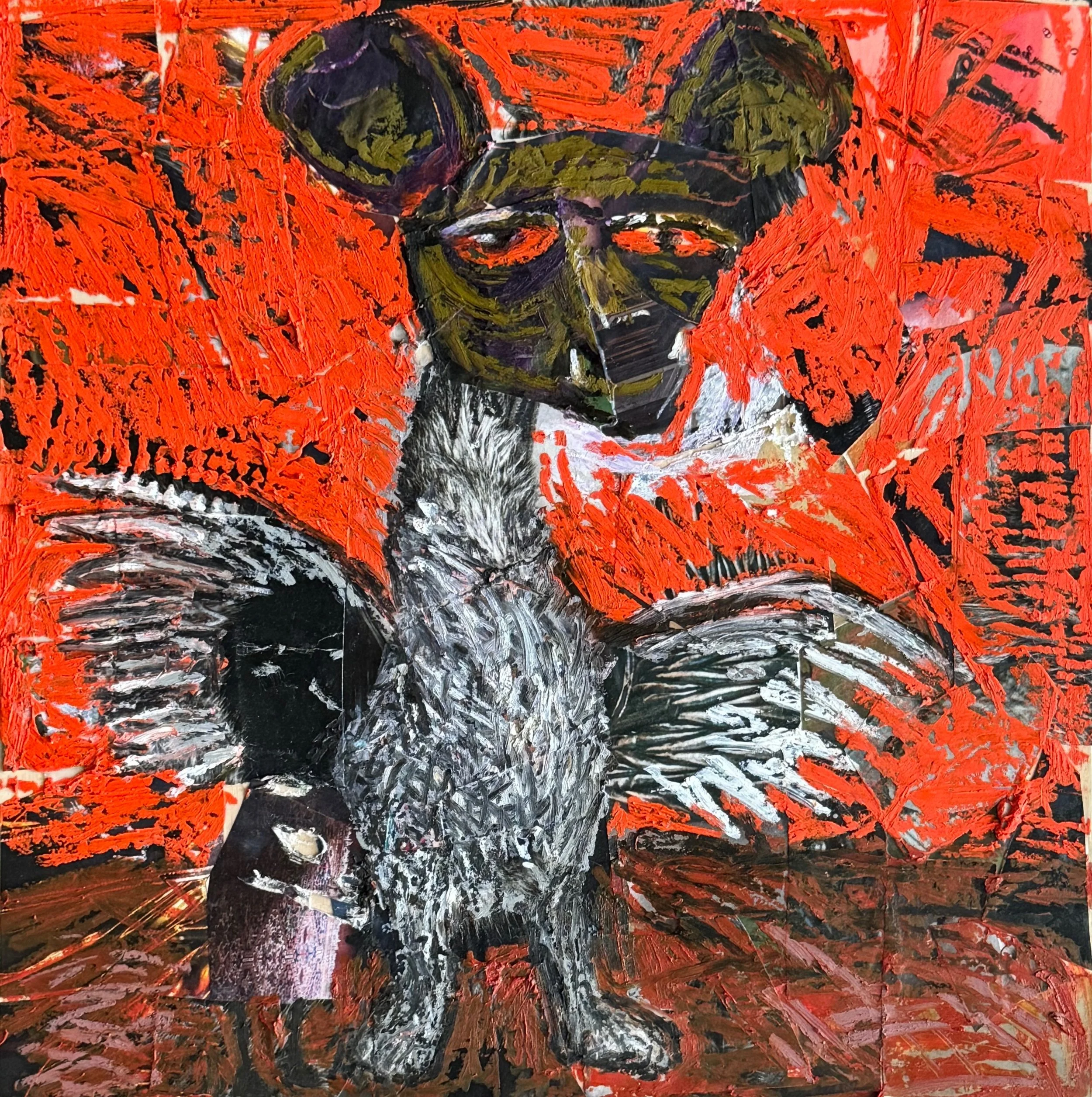 SOLD "Demon Dog", 12" x 12" oil pastel on collage on cradled board, 2024