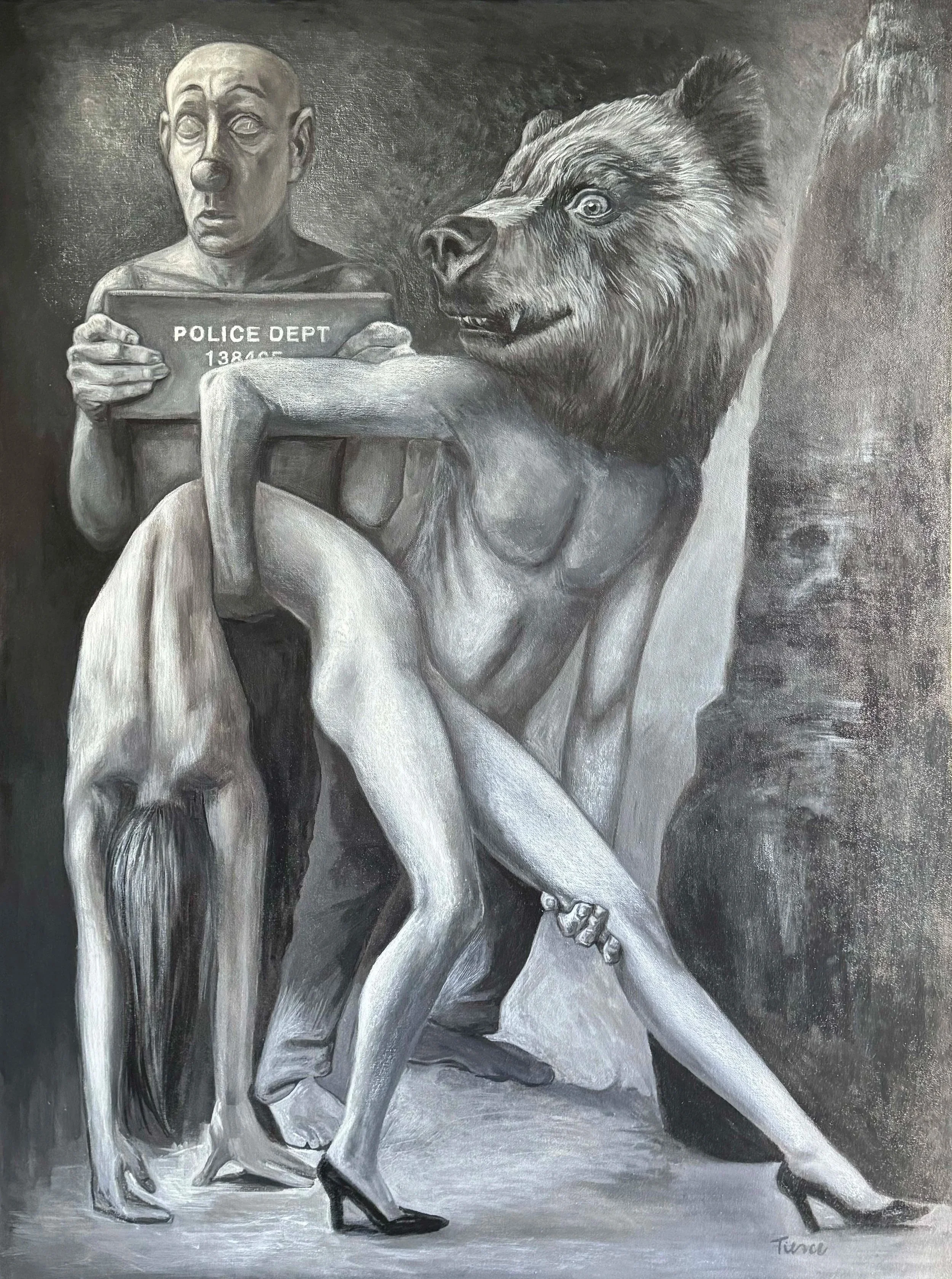 "Lady, Bear and the Clown" 2026 36" x48" Acrylic on canvas