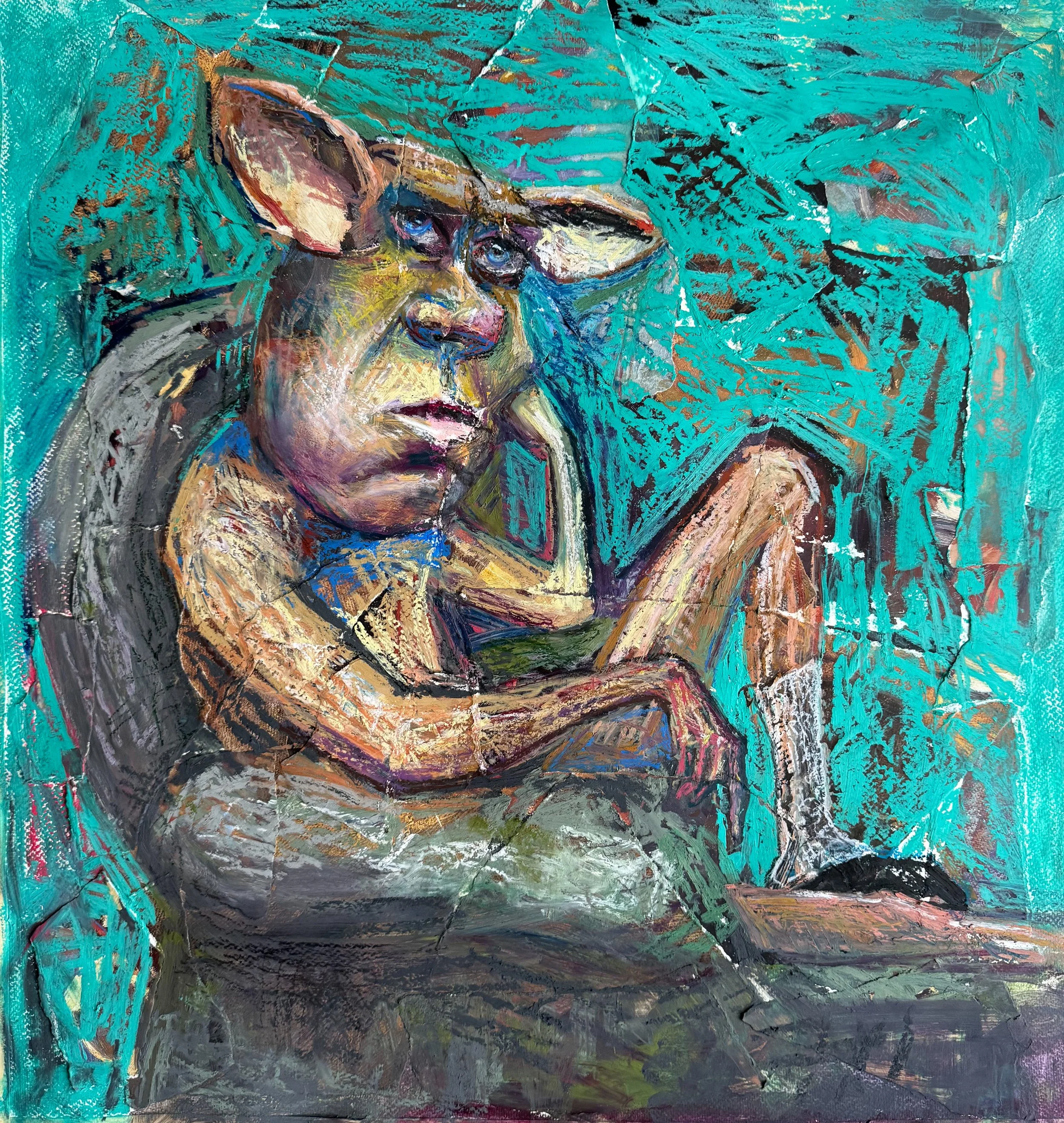 SOLD "Sullen" 2024 21" x 22",Oil pastel on collage on paper