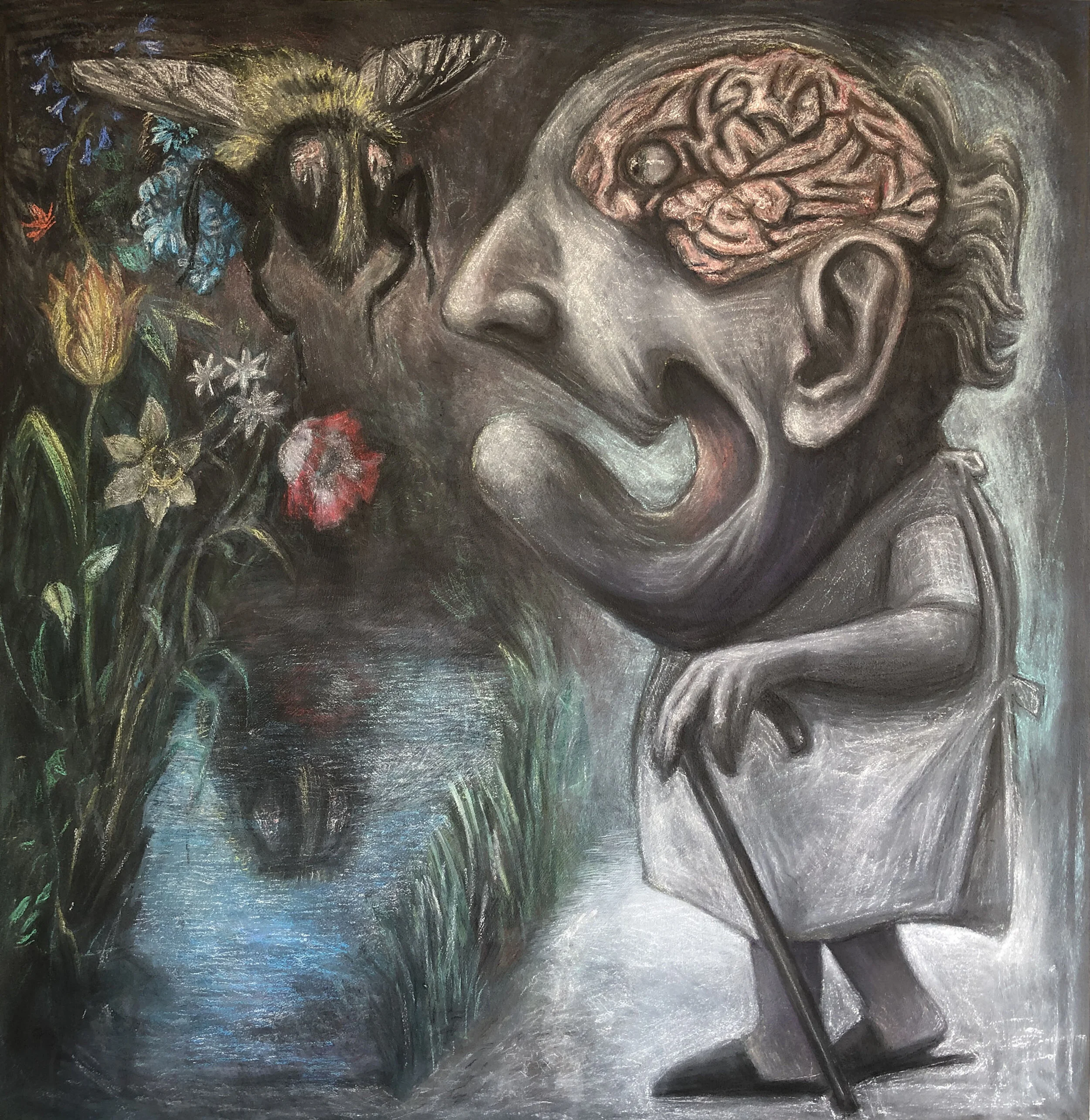 SOLD "Walking Around with Thoughts on the Outside" 2021 44" x 45" Mixed media on paper