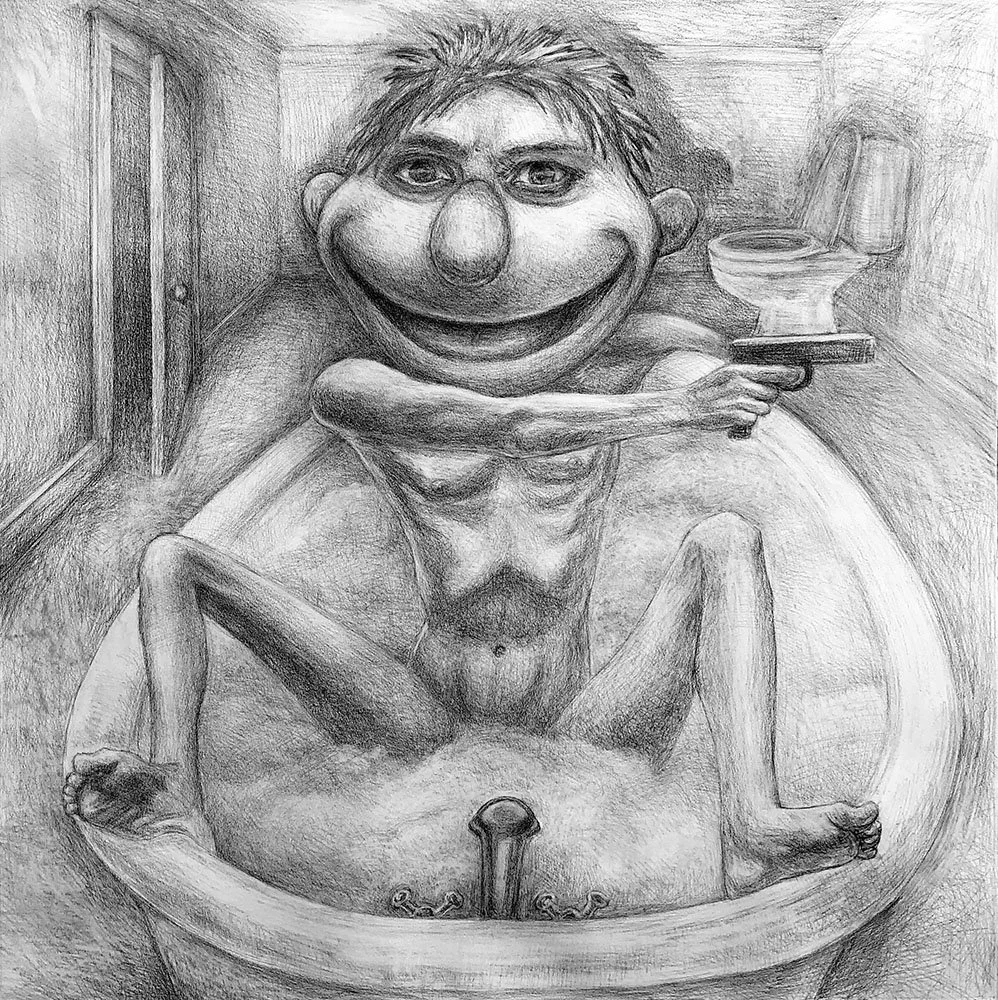 Nathalie Tierce depicts a distorted teenage figure seated in a bathtub within a confined, claustrophobic interior. The figure has a muscular  body and the face of a well known beloved televison puppet character, while in his hand he holds a small gun