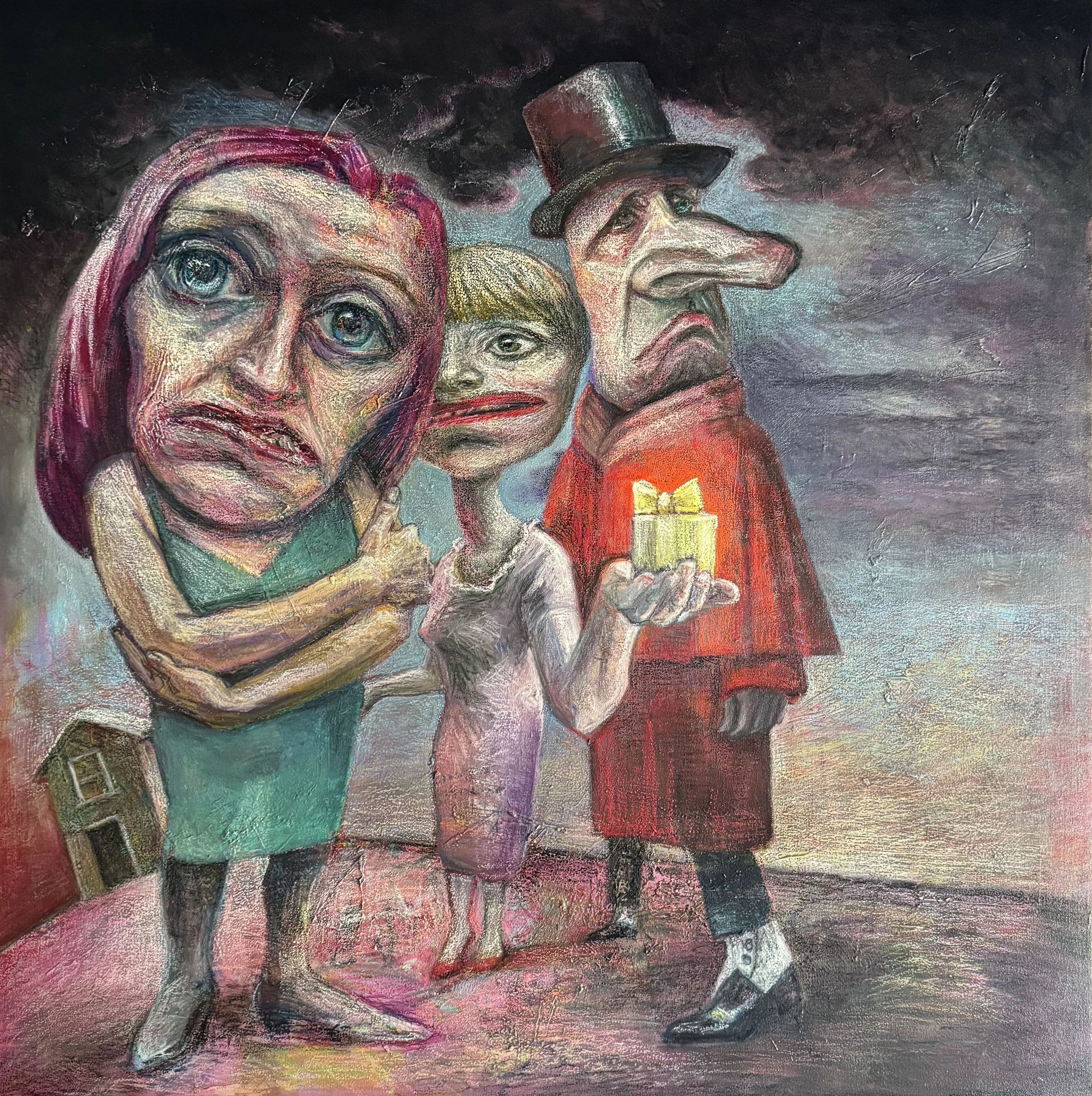 Surreal figurative painting by Nathalie Tierce featuring three grotesquely stylized figures in a dreamlike landscape, one offering a gift while the others appear tense and unsettled; a psycological allegory examining persuasion, emotional control