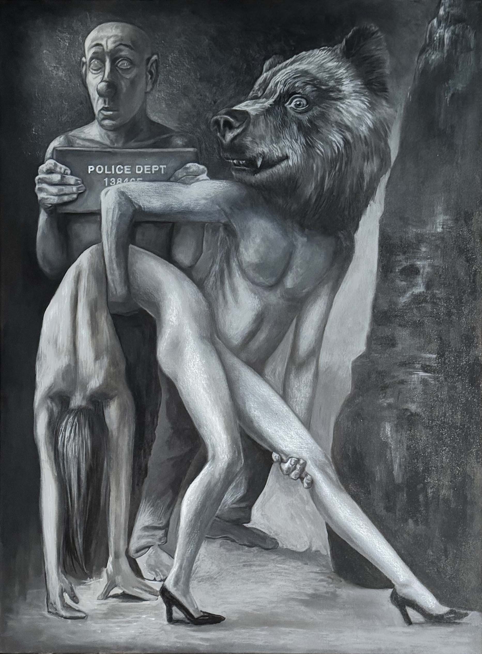 Surreal figurative painting by Nathalie Tierce  of a man wearing a bear mask dragging an unconscious  woman into a cave while a clown holding a police mug shot board while looking on with a n expression of worry looks on