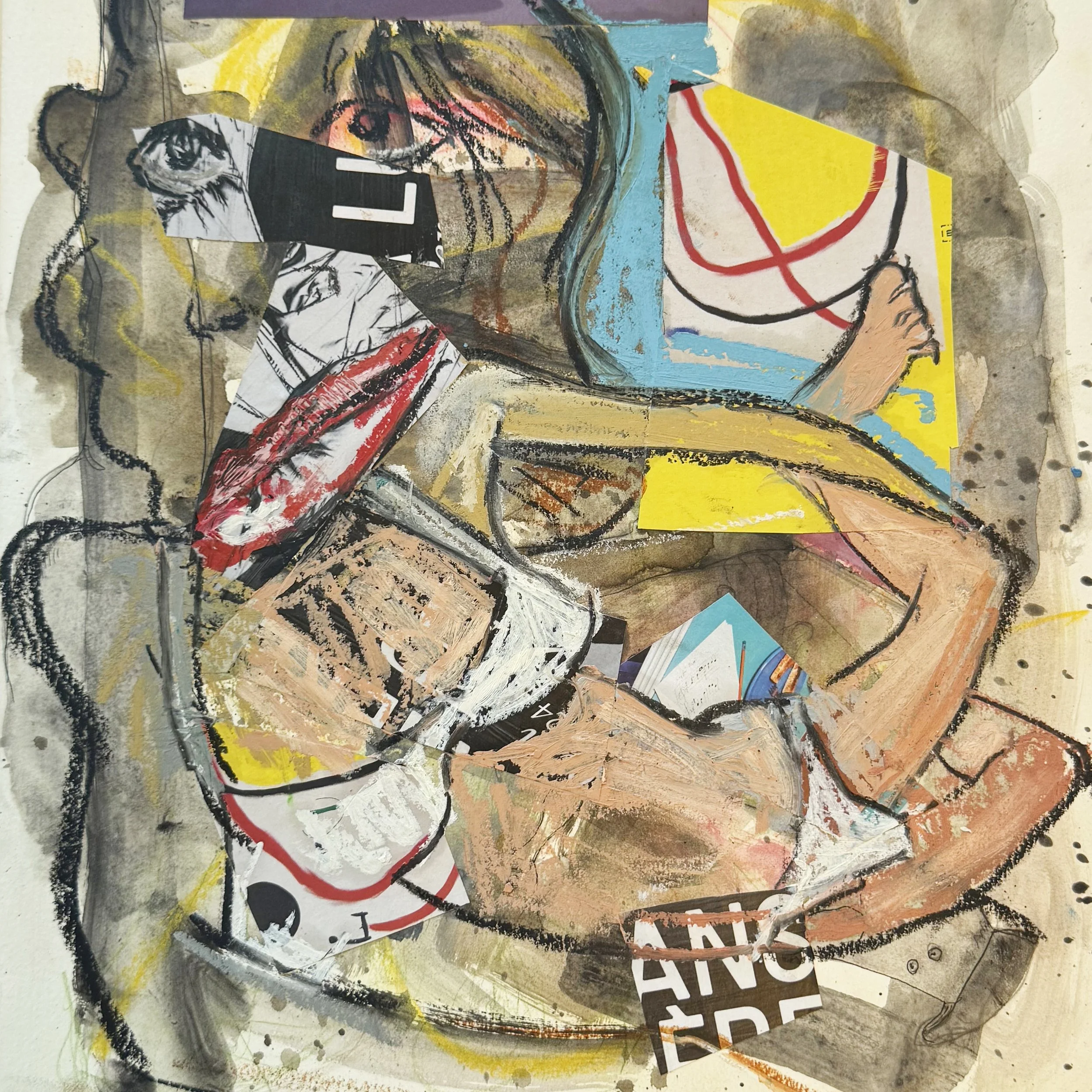 A woman in a bikini stretches her body is represented by wild oil pastel marks mixed with collage. Her joy and freedom is conveyed through her posture and expression. This collection are by Nathalie Tierce done at an artist residency in Portugal.