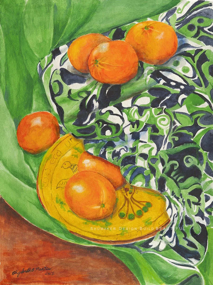Oranges on green table cloth-  Elizabeth Martin