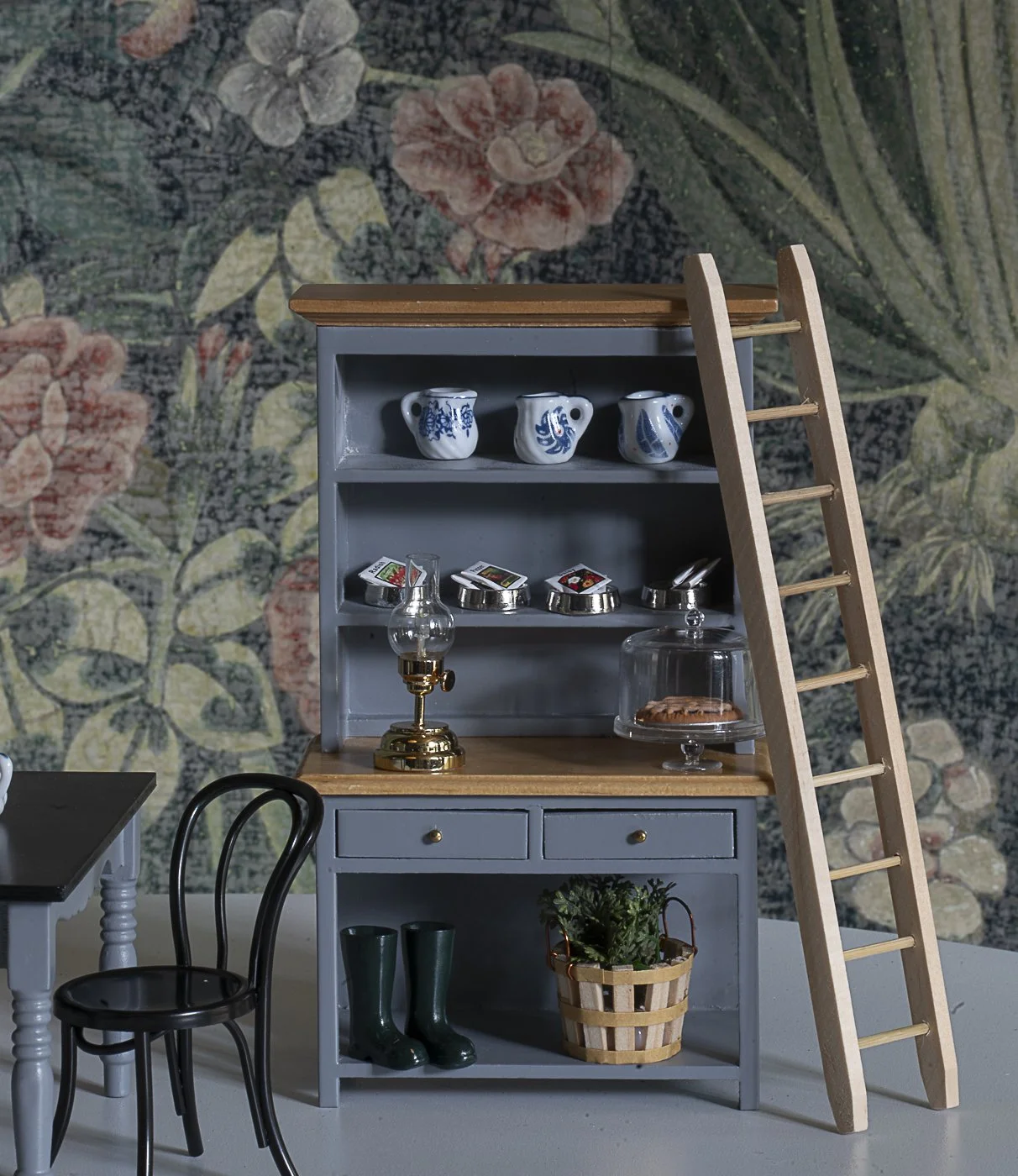 Hollyhocks Hutch and Table Scene